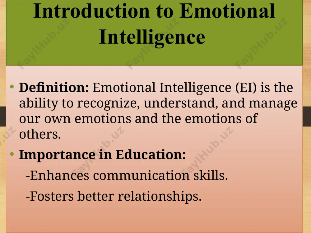 ng and sharing the feelings of others. social skills: social skills are about building and maintaining relationships. this includes effective communication and conflict resolution. together, these components form the foundation of emotional intelligence, enabling individuals to interact more effectively and compassionately with others. teaching techniques overview objective: equip educators with effective strategies to develop ei in learners. approach: integrative methods combining theory and practical activities. teaching techniques overview teaching techniques overview the objective of this presentation is to equip educators with effective strategies to develop emotional intelligence in learners. by understanding and implementing these techniques, educators can foster an environment that promotes emotional growth. our approach involves integrative methods that combine both theory and practical activities. this means that we will not only explore the concepts behind emotional intelligence but also engage in hands-on exercises that allow learners to practice and apply these concepts in real-life situations. by blending theoretical …