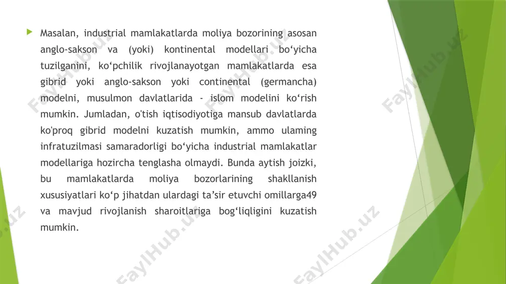bozori modelini shakllantirgan va rivojlantirib kelmoqda. uning iqtisodiyoti yopiq hisoblanadi. liberal iqtisodiyotga xos moliya bozori modeli. ma’lumki, liberal iqtisodiyot ijtimoiy va iqtisodiy hayotga davlatning cheklangan aralashuvi, bozor munosabatlari sohasini kengligi, davlat mulkini qisqarishi, bozorlami raqobat uchun ochiqligi, bozor faoliyatiga turli cheklashlami kamligi, narx-navo va foiz stavkalari ustidan administrativ nazoratni kuchsizligi, bojxona bojlarini pastligi, markazlashgan dotasiyalash sohasi va subsidiyalanadigan kreditlami qisqarishi va h.k. bilan xarakterlanadi. liberal iqtisodiyot moliya bozorining turli modellarida mavjud (anglo-sakson, germano-frantsuz, yapon, shved, fin, ispan va h.k.) bo‘lib, ularda davlatning roli, mulkchilik tizimi tuzilmasi, real sektomi moliyalashtirish va hokazolar farqlanadi. bunday sharoitlarda industrial mamlakatlarning moliya bozorlari ochiqligi, yuqori darajada rivojlanganligi, globalligi bilan xarakterlanadi. rivojlanayotgan mamlakatlarning moliya bozorlari esa rivojlanishning tez sur’atlarga erishgan bo‘lsalarda, rivojlangan mamlakatlarning bozorlariga ochiqligi va globalligi bo'yicha nisbatan pastroq pog'onada turadilar. bunga sabab, rivojlanayotgan mamlakatlarning yuqorida ko‘rsatilgan rivojlanish xususiyatlari va sharoitlaridir. ko'pukladli iqtisodiyotga xos moliya bozori modeli. har qanday mamlakat iqtisodiyotida yuqorida keltirilgan modellaming elementlari …