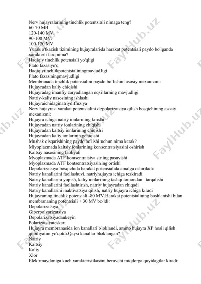 nerv hujayralarining tinchlik potentsiali — DOCX