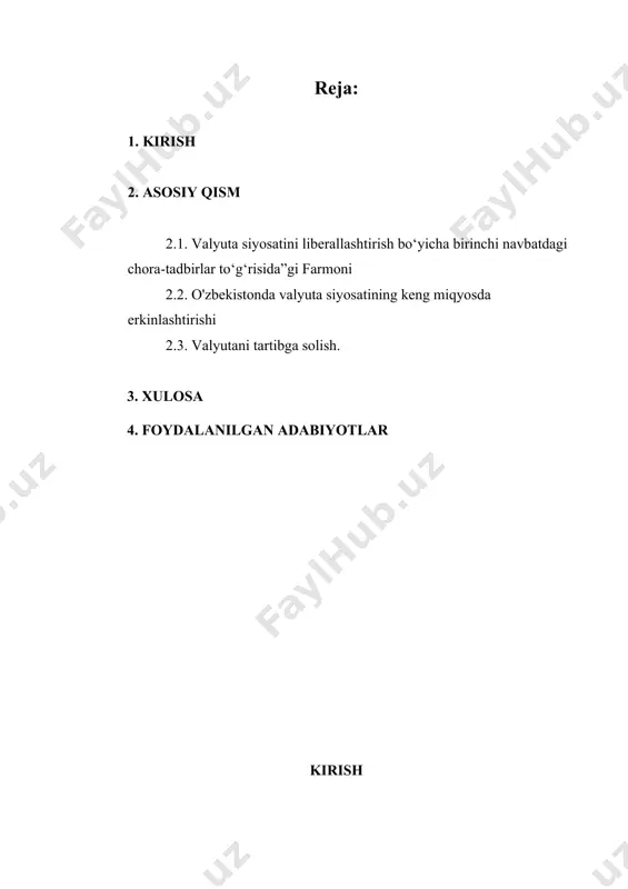 ujudga kelishi va raqobatning bozor tamoyillari buzilishiga olib keldi, xorijiy investitsiyalarni jalb qilishda, tovarlar va xizmatlar eksportini oshirishda, umuman, mamlakatimiz iqtisodiy rivojlanishida to‘sqinlik qiluvchi omilga aylandi. 2017 — 2021-yillarda o‘zbekiston respublikasini rivojlantirishning beshta ustuvor yo‘nalishi bo‘yicha harakatlar strategiyasiga muvofiq hamda valyuta sohasini tartibga solishning bozor mexanizmlarini joriy qilish, respublika eksport salohiyatini oshirishni rag‘batlantirish, to‘g‘ridan to‘g‘ri xorijiy investitsiyalarni faol jalb qilish, mahalliy ishlab chiqaruvchilarning tashqi va ichki bozordagi raqobatdoshligini oshirish, mamlakatimizda investitsiya va ishbilarmonlik muhitini yaxshilash maqsadida: 1. valyuta bozorini yanada liberallashtirish sohasida davlat iqtisodiy siyosatining ustuvor yo‘nalishlari etib quyidagilar belgilansin: birinchidan, yuridik va jismoniy shaxslarning chet el valyutasini erkin sotib olish va sotish hamda o‘z mablag‘larini o‘zining xohishiga ko‘ra erkin tasarruf etish huquqlarini ro‘yobga chiqarishni to‘liq ta’minlash; ikkinchidan, milliy valyutaning chet el valyutasiga nisbatan kursini belgilashda faqatgina bozor mexanizmlarini qo‘llash; uchinchidan, valyuta resurslaridan foydalanishda bozor instrumentlarining rolini oshirish, valyuta bozorida barcha xo‘jalik yurituvchi subyektlar uchun teng raqobat sharoitlarini yaratish, valyuta …