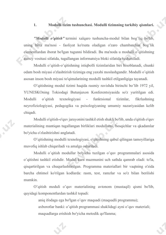 o'z bilan berilishi mumkin. o’qitish moduli o’quv materialining avtonom (mustaqil) qismi bo'lib, quyidagi komponentlardan tashkil topadi: aniq ifodaga ega bo'lgan o’quv maqsadi (maqsadli programma); axborotlar banki: o’qitish programmasi shaklidagi ayni o’quv materiali; maqsadlarga erishish bo'yicha metodik qo'llanma; zaruriy malakalarni shakllantirish bo'yicha amaliy mashgulotlar; qo’yilgan modul maqsadiga qatiy muvofiq keluvchi nazorat ishi. pedagogik texnologiyalarning elementar birliklari tizimi modullardan tashkil topadi. modul – pedagogik texnologiyani tashkil etuvchi, uning tarkibiy bo'laklarini ifodalovchi tushunchadir. bunday bo'laklar kichik modul, birlamchi modul, modullar to'plami, modullar darajasi va modullarning majmuaviy tuzilmasi kabi turlardan iborat bo'ladi. modullar o'z ko'lamiga ko'ra mayda, o'rtacha va yirik bo'lishi mumkin. ularning bir-biriga nisbatan proportsionalligi qat'iy bo'lmasligi, ularning o'zaro ta'siri umumiy jarayonda turlicha bo'lishi mumkin. modulli o’qitish – pedagogik jarayonni ilmiy va metodik jihatdan tartibli va maqsadga muvofiq bajarishga xizmat qiladi. har qanday pedagogik texnologiyaning tarkibiy bo'laklari o'zaro joylashuvi va pedagogik texnologiya jarayonlarini amalga oshirish ketma-ketligining oldindan belgilangan tartib-qoidalari algoritm deyiladi. eng kichik …