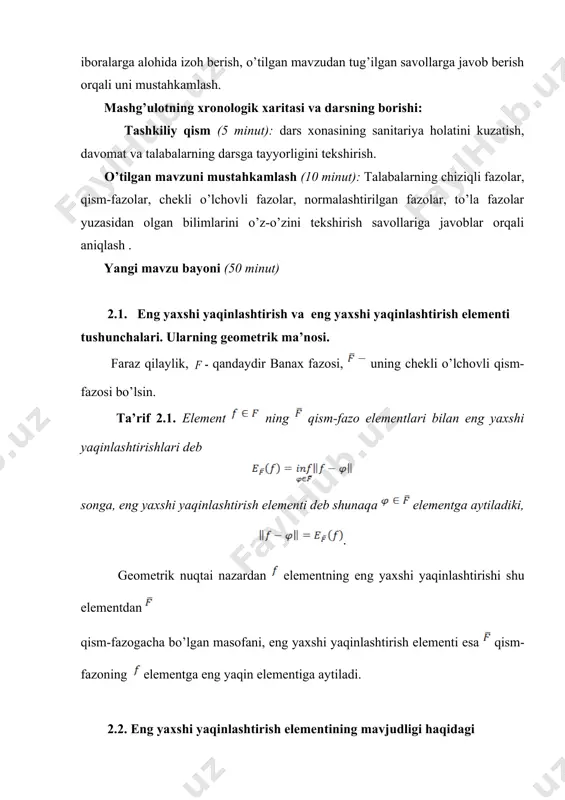 lik chegaralangan. haqiqattan ham, shunday qilib, bu ketma-ketlikning hadlari birgalikda chegaralangan va chekli o’lchovli fazoning elementlari hisoblanadi. ma’lumki, chekli o’lchovli fazoda chegaralangan to’plam kompaktdir. demak, ketma-ketlik da kompakt. shuning uchun undan yaqinlashuvchi qismiy ketma-ketlikni ajratish mumkin: ushbu tengsizlikda limitga o’tib, ni olamiz va teskari tengsizlik ravshanligi 1-ta’rifdan kelib chiqqanligidan ning eng yaxshi yaqinlashtirish elementi ekanligini olamiz. eng yaxshi yaqinlashtirish elementi yagona bo’lmasligi ham mumkin. ammo banax fazolarining keng sinfini ko’rsatish mumkinki, ularda bunday element yagona bo’ladi. 2.3. banax fasosining qavariq sferaga egaligi tushunchasi va uning geometrik ma’nosi. ta’rif 2.2. agar va dan kelib chiqsa, u holda fazo qavariq sferaga ega deyiladi. geometrik jihatdan bu shuni bildiradiki, agar , biror sferaga qarashli bo’lsa , u holda ularni tutashtiruvchi kesmaning o’rtasi sferaning qat’iy ichkarisida yotadi, ya’ni : . 2.4. eng yaxshi yaqinlashtirish elementining yagonaligi haqidagi teorema va uning isboti. teorema 2.2. agar fazo qavariq sferaga ega bo’lsa, u holda elementning eng yaxshi …