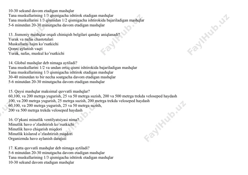 chi minutlik havo chiqarish miqdori minutlik kislarod o’zlashtirish miqdori organizmda havo aylanish darajasi 17. katta quvvatli mashqlar deb nimaga aytiladi? 5-6 minutdan 20-30 minutgacha davom etadigan mashqlar tana muskullarining 1/3 qismigacha ishtirok etadigan mashqlar 10-30 sekund davom etadigan mashqlar tana muskullarini 1/3 qismidan 1/2 qismigacha ishtirokida bajariladigan mashqlar 18. o’pkaning tiriklik sig’imi nimaga bog’liq? nafas havosi, rezerv havo, qo’shimcha havo ko’rsatkichi nafas havosi, rezerv havo miqdori nafas ventilyatsiyasi hajmlari yig’indisi nafas, rezerv, normal havo miqdori 19. atsiklik mashqlar degan..............tushiniladi turli xil harakatlardan tashkil topgan maashqlar ta’sirlarga organizmni moslanishi chiniqish yuklamalarini tezlashuvi va etarli dam olmaslik natijasida adaptatsiya mexanizmlarini zo‘riqishi chiniqqanlik darajasini pastlashi va funksiyalarni dastlabki darajaga qaytishi 20. submaksimal quvvatli mashqlar deb nimaga aytiladi? 30-40 sekunddan 3-5 minutgacha davom etadigan mashqlar 5-6 minutdan 20-30 minutgacha davom etadigan mashqlar tana muskullarini 1/2 va undan ortiq qismi ishtirokida bajariladigan mashqlar 10-30 sekund davom etadigan mashqlar 21. nafas olish qaysi holatda qiyinlashishi mumkin? …