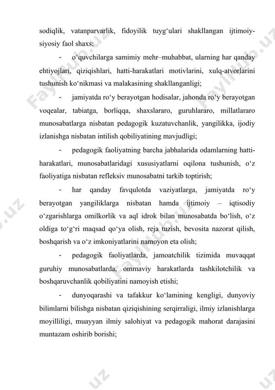 nazaridan o‘z-o‘zini anglashi, (muomalada o‘zining o‘zaro fikr almashishga doir sifatlarini, ijobiy va zaif tomonlarini bilishi) va shu asosda o‘zaro fikr almashish yo‘li bilan o‘z-o‘zini tarbiyalashi. 2. kishilar bilan o‘zaro munosabatda kommunikativ iqtidorini shakllantirib borishi, muloqot asosida to‘g‘ri bashorat qilish sezgilarini mashq qildirishi, muloqotda o‘zining ideal tasavvurlarini, imkoniyatlarini boshqalar (o‘qituvchilar jamoasi, o‘quvchilar, ota-onalar) qanday baholashi haqidagi refleksiv tasavvurlarini tahlil qilishi. 3. o‘zida muosharat odobining muhim xususiyatlarini rivojlantirish yuzasidan ixtisoslashtirilgan mashqlar asosida ishlashi. 4. o‘quvchilar va ota-onalar bilan tarbiyaviy maqsadlarga qaratilgan turli jamoat ishlarini olib borishi, bunda o‘zaro fikr almashish asosida pedagogik tashkilotchilik qobiliyatini takomillashtirib borishi. 5. muloqot jarayonida paydo bo‘ladigan salbiy holatlarni engish ko‘nikmalarini shakllantirishi, dilkashlik va xushmuomalalikni rivojlantiradigan vaziyatlar tizimini yaratishi. o‘qituvchi muloqot madaniyati asosida faoliyat olib borgan taqdirda ham, o‘quvchilar jamoasi orasida turli tushunmovchiliklar, ziddiyatlar paydo bo‘lishi tabiiy hol. har qanday tajribali o‘qituvchining pedagogik muloqoti jarayonida o‘ziga xos qiyinchiliklar yuzaga keladi. sinfda sodir bo‘ladigan har qanday pedagogik vaziyatga javobgar …