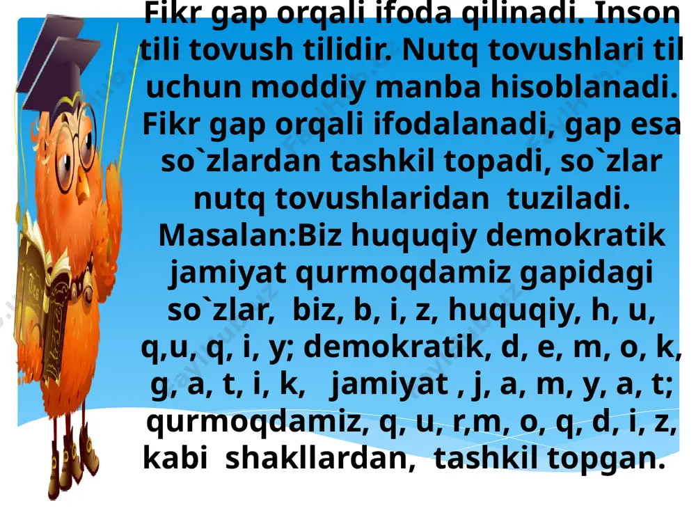 bevosita boshqarib turadi. ana shu tariqa har bir nutq a’zosining tovushlarni hosil qilishda o‘z vazifasi bor. fonetik akustika nutq tovushlarining fizik xususiyatlarini tekshiradigan sohadir. akustik jihatdan har qanday tovush havo oqimining tebranishi va bu tebranishning quloqqa eshitilishidir. nutq tovushlari esa o‘pkadan kelayotgan havo oqimining un paychalari tebranishidan hosil bo‘ladigan ovoz va nutq organlarida hosil bo‘ladigan shovqinning quloqqa eshitilishidir. nutq tovushlari akustikasida ko‘yidagilar farqlanadi: fonetik akustika 1. nutq tovushlarining balandligi yoki pastligi ma’lum vaqt ichida un paychalarining tebranish miqdoriga ko‘ra har xil chiqishidir: un paychalari ko‘p tebransa, tovush baland bo‘ladi, aksincha, un paychalari kam tebransa, tovush past chiqadi. 2. nutq tovushlarining kuchi ma’lum kenglikdagi maydondan ma’lum vaqtda o‘tadigan energiya miqdoridir. bu haqda tilshunos olim h.jamolxonov shunday yozadi: “tovushning kuchi (intensivligi) - 1 sm2 maydondan 1 sekundda o‘tadigan energiya miqdoridir” demak, nutq tovushlarining kuchi un paychalari tebranishi kengligiga bog‘liq: tebranish kengligi katta bo‘lsa, tovush kuchli chiqadi, bu kenglik kichik bo‘lsa, tovush ham …