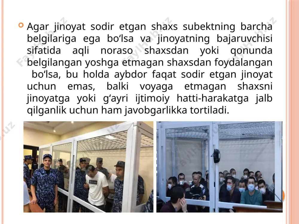 odda, 4-qism), yani u har qanday shaklda: 1) majburlash; 2) ishontirish orqali dalolat qiladi. dalolatchi bilan bajaruvchining oʻzaro ichki aloqadorligi shundaki, dalolatchining har doim ijrochida jinoyat sodir etish maqsadini vujudga keltiradi. majburlash jismoniy va ruhiy boʻlishi mumkin. ruhiy majburlash koʻpincha dalolatchi tomonidan qoʻrqitish orqali sodir etiladi (masalan, moddiy taminlashni toʻxtatib qoʻyish, insonni taxqirlovchi xabar yoki ma'lumotni oshkor qilish bilan qoʻrqitish va hokazo). “jinoyat sodir etilishiga oʻz maslahatlari, koʻrsatmalari bilan, vositalar berish yoki toʻsiqlarni yo`qotish bilan koʻmaklashgan, shuningdek jinoyatchini, jiioyat sodir etish quroli, izlari va vositalarini yoxud jinoiy yoʻl bilan qoʻlga kiritilgan narsalarni yashirishga, shuningdek bunday narsalarni olish va oʻtkazish toʻgʻrisida oldindan vada bergan shaxs yordamchi deb topiladi” (jinoyat kodeksi 28-modda, 5-qism). jinoyat kodeksi 28-moddasi 5-qismining tahlili shuni koʻrsatadiki, jinoyatda yordamchilik ikki koʻrinishida: 1) jismoniy yordamchilik; 2) ruhiy yordamchilik koʻrinishlariga ega boʻladi. jismoniy yordamchilik, deganda jinoyat sodir qilinayotganda toʻsiqlarni olib tashlash uchun vositalar va qurollar bilan yordam berish, yani jinoyatning obektiv …