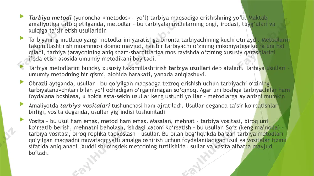 tarbiya iqtisodiy tarbiya huquqiy tarbiya go’zallik, kiyinish, tozalik, yurish-turish, saranjom-sarishtalik tabiat, atrof-muhit, daraxtlar, qushlar, o’rmonlar; tejamkorlik, bozor iqtisodiyoti, sarf, isrof; foyda, mulk, mulkka egalik; fuqaro, tenglik, to’g’rilik, halollik, jinoyat, jazo, huquq, burch. har bir guruh tushunchalarni toifalab, tuzgan klasterlarini taqdim etadi.) tarbiya nazariyasi nimalarni o’rganadi? degan savolga javob qidirsak. tarbiya nazariyasi - pedagogika fanining bir qismi bo’lib, tarbiyaviy jarayonning mazmuni, usuli va tashkil etilishi masalalarini o’rganadi. u markaziy osiyo faylasuflarining va xalq pedagogikasining tarbiya borasidagi boy tajribasiga tayanadi. pedagogika tarixidan ma’lumki, ta’lim tarbiyadan, tarbiya rivojlanishdan ajratib tekshirilmagan. xviii asrning ikkinchi yarmiga kelib rossiya pedagogikasida tarbiya masalalarini alohida ko’rish hollari uchraydi. «1806 yilda chiqarilgan rossiya akademiyasi lug’atida birinchi bor tarbiya so’zi pedagogik tushuncha sifatida alohida keltiriladi», deb ta’kidlaydi i.tursunov. o’tgan mavzularda tarbiyaga berilgan ta’riflarni yodga olaylik: «tarbiya - ma’naviy manbalar va hozirgi zamon talablari ehtiyojlarini nazarda tutgan holda o’qituvchining o’quvchi bilan aniq bir maqsadga qaratilgan o’zaro amaliy va nazariy muloqatidir». «tarbiya …