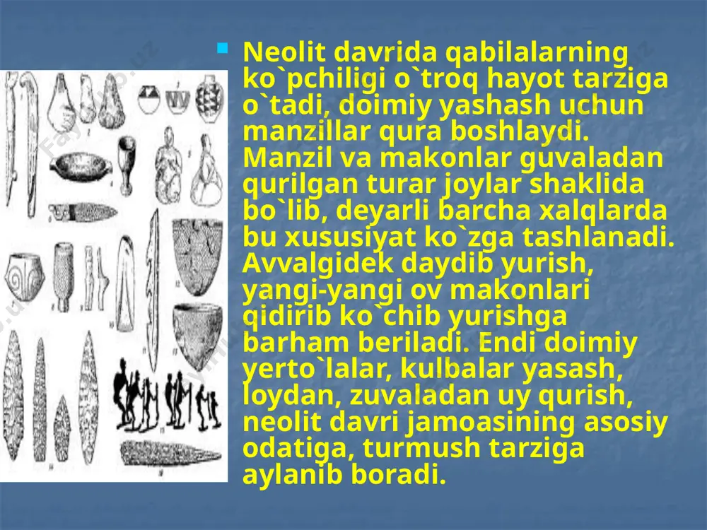lit makonlari topilgan. arxeologlar qashqadaryo va zarafshon daryola-rining quyi oqimidan 45 dan ortiq neolit makonini o`rgangan. joytun madaniyatiga mansub qabilalar paxsa va guvalasomon aralashtirib qurilgan uylarda yashab, bo`yoq bilan naqshlangan idishlardan foydalangan. joytun makoni ibtidoiy qishloq bo`lib, u bir necha uylardan tashkil topgan. uylarning maydoni 25-30 m2 tashkil etgan bo`lib, ular paxsadan qurilgan. hisor madaniyati nomi bilan atalgan markaziy osiyoning neolit davri makonlari. hisor – pomir tog`laridan topib o`rganilgan. hisor madaniyatining asosiy markazi tojikiston respublikasining hisor – bobotog` - qoratog` oralig`idagi yerlar bo`lib, dastlab o`rganilgan yodgorliklar hisor vodiysidan topilganligi uchun u shu nom bilan ataladi. hisor madaniyati o`z xususiyatiga ko`ra tog` madaniyati deb ham nomlanadi. hisor madaniyatiga mansub bo`lgan yodgorliklar 200 dan ortiq bo`lib, ular miloddan avvalgi v-iii ming yilliklar bilan belgilanadi. hisor madaniyati jamoalari sopol idishlar yasab, asosan chorvachilik, ovchilik, qisman dehqonchilik va termachilik bilan shug`ullangan. neolit davri uzoq davom etgan tosh asrining so`nggi bosqichi bo`lib, odamlar bu davrda …