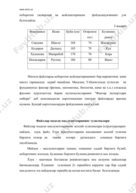 ксациялаш. калит билан файл езувларига киришнинг самарали воситаси индексациялашдир. индексациялашда индексли кушимча файл яратилади. у маълумотлар файли калитининг барча мазмунини тартиблаштириб узида саклайди. индексли файлда хар бир калит мазмуни учун маълумотлар файлининг тегишли езувига мулжалланган курсатгич булади. хажми асосий файлдан кичик индексли файл мавжуд булганда берилган калит буйича кидирилаетган езув тез топилади. маълумотлар файлида езув курсаткичи ердамида ушбу езувга бевосита йул очилади. индексациялаш факат дастлабки эмас, балки иккаламчи калит буйича хам амалга оширилиши мумкин. файллар модели маълумотларини мантикий ташкил этишни тасвирлаш. маълумотларни мантикий ташкил этишни тасвирлашда хар бир файлга ягона ном берилади ва унинг езувлари тузилмаси тасвирланади. езувлар тузилмаларини тасвирлаш ундаги майдонлар ва уларнинг езув ичидаги жойлашув тартибини уз ичига олади. хар бир майдон учун кискартирма курсаткич - файл номи ( езув ичидаги майдон идентификатори), майдон хажми сакланаетган маълумот тури, майдон узунлиги ва ракамли маълумотларнинг аниклиги белгилаб олинади. ёзувнинг ягона дастлабки калити вазифасини утовчи майдонлар учун калит белгиси курсатилади. машиначи …