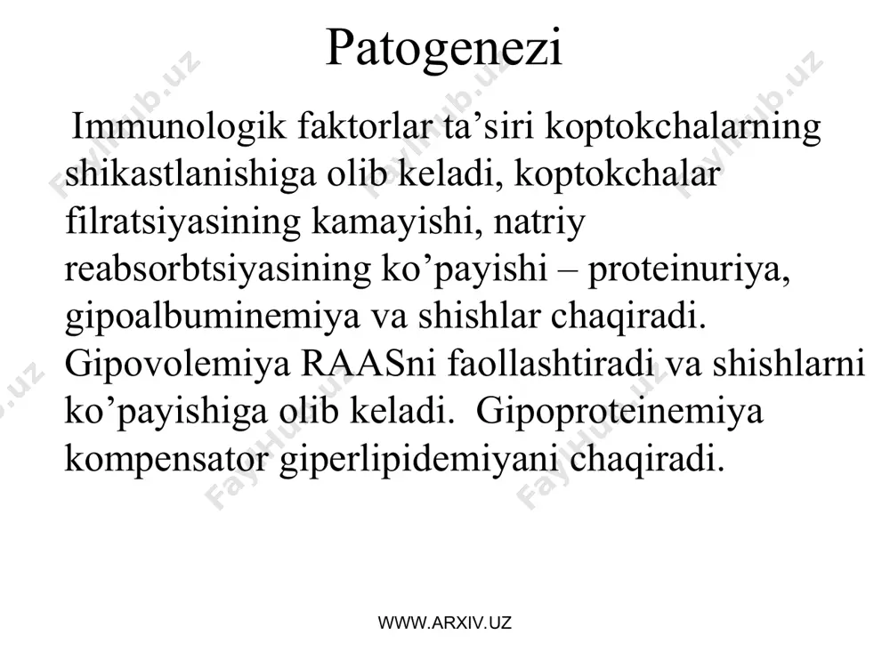 oidoz – mustaqil kasallik sifatida rivojlanadi va har hil a’zo va sistemalarni (buyrak, yurak, ichak, jigar, asab tizimi) shikastlaydi. xastalikning tabiati aniqlanmagan va irsiy nuqsonlar topilmagan. ideopatik amiloidoz bilan asosan qarilik yoshidagi shaxslar xastalanadilar. www.arxiv.uz www.arxiv.uz tasnifning (davomi) 3. ortirilgan yoki ikkilamchi amiloidoz – ba’zi bir surunkali kasalliklar (zaxm, biriktiruvchi to’qimaning yoyilgan kasalliklari, sil, saraton, osteomielit, o’pka yiringli kasalliklari,) asorati sifatida rivojlanadi. www.arxiv.uz www.arxiv.uz tasnifning (davomi) 4. qarilik amiloidozi- oqsil almashinuvi involyutiv buzilishi to’qimalarning yosh tufayli atrofiyalashuvi natijasi bo’lib, 70 yoshdan so’ng, ko’pincha 90 yoshda rivojlanadi, yurakda, bosh miyada, oshqozon osti bezida topiladi. 5. maxalliy yoki o’smasimon amiloidoz- noaniq sabablar ta’sirida rivojlanadi va maxalliy o’smaga o’xshab o’sadi. www.arxiv.uz www.arxiv.uz etiologiyasi kasallikning kelib chiqish sababi aniqlanmagan. ikkilamchi amiloidoz rivojlanishida o’pka yiringli kasalliklariga, silga, kollagenozlarga, o’smalarga, shular qatori mielom kasalligiga, limfogranulematozga, infeksion omillarga ahamiyat berilmoqda www.arxiv.uz www.arxiv.uz patogenezi xastalikning rivojlanish jarayoni yaxshi o’rganilmagan. patologik jarayon rivojlanishida bir qancha nazariyalar mavjud. ularning har …