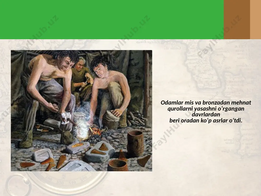 orlari. aholining urug‘ va qabila bo‘yicha emas, balki hududiy taomilga ko‘ra guruhlarga ajratilishi mil. avv. ix–viii asrlardda vujudga kelayotgan ilk davlat birlashmalarining alomati edi. savol va topshiriqlar 1. temir buyumlardan foydalanish qachon boshlangan? 2. temirdan mehnat qurollari yasashning boshlanishi jamiyatda qanday o’zgarishlarga olib keldi? 3. «avesto»da patriarxal oila, urug‘chilik jamoasi, hududiy qo‘shnichilik jamoasi va qabila qanday nomlangan? 4. ilk davlat vujudga kelishi davridagi jamiyatni boshqarish tizimi haqida so’zlab bering 5. ilk davlat birlashmalarining vujudga kelishi qanday omil bilan bog’liq. image2.jpg image3.jpeg image4.emf image5.jpeg image6.jpeg image7.jpeg image8.jpeg image9.jpeg image10.jpeg image11.jpeg image12.png image13.jpeg image14.jpeg image15.jpeg image16.jpeg image17.jpeg image18.jpeg image19.jpeg image20.png image21.jpeg image22.jpeg image23.jpeg image1.jpg