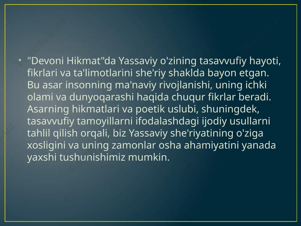 an, bugungi kunda ham insonning ichki o'zgarishi va ma'naviy rivojlanishi uchun yo'l-yo'riq bo'lib xizmat qiladi. shu bilan birga, n. komilov va h. boltaboyevning tasavvufga oid izohlari, asarning falsafiy va badiiy jihatlarini yanada chuqurroq tushunishga yordam beradi. yassaviy she'riyatida ishlatilgan metafora va timsollar, o'zining boy ramziy ma'nolari bilan kitobxonlarni o'ziga jalb qiladi va ularning ma'naviy rivojlanishiga hissa qo'shadi. "devoni hikmat" bugungi kunda ham o'zining tasavvufiy va badiiy ahamiyatini yo'qotmagan holda, inson ruhiyatining tozaligi va haqiqiy ma'naviy bilimga erishish yo'lidagi eng yuksak namunalaridan biri sifatida qadrlanadi. manbalar n.komilov. tasavvuf. 2009. -t.: movarounnahr-o'zbekiston. islom tasavvufi manbalari (tasavvuf nazariyasi va tarixi). h.boltaboyev. t.: o'qituvchi, 2005. sharq mumtoz poetikasi. hamidulla boltaboyev. t.: o'zbekistan milliy ensiklopediyasi ilmiy-mashriyoti, 2006; 2008. xoja ahmad yassaviy. devoni hikmat - t., 1992. fitrat. ahmad yassaviy, yassaviy maktabi shoirlari to'g'risida tekshirishlar. -t.: ma'naviyat, 2000. badiiy adabiyot va tasavvuf timsollari. t., 2010. karimov s. tasavvuf falsafasi. samarqand: samdu, 2021. image1.png image2.png image3.png /docprops/thumbnail.jpeg