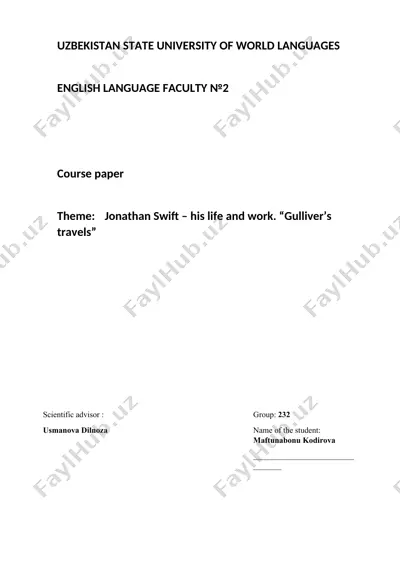 jonathan swift – his life and work. “gulliver’s travels” — DOCX