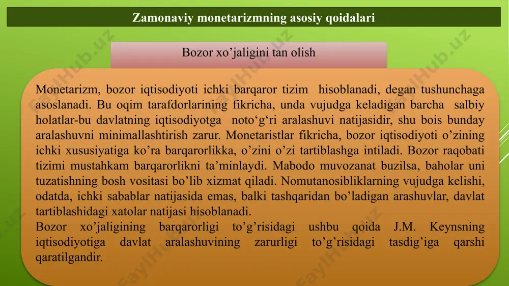 nazariyasi» (1899) t. veblen nazariyasidagi asosiy tomonlar quyidagicha tavsiflanadi: klassik iqtisodiy maktabning “iqtisodiy institutlarning hech bir ta’sirisiz erkin raqobat kishining va barcha jamiyatning farovonligini ta’minlashga imkoniyat yaratib beradi”, degan qoidasiga qarshi chiqadi. o‘zi yashab turgan jamiyatda mulkka egalik qiluvchi «mulkdor noishlab chiqarish sinfi» (renta, korxona va moliya mulkining bir qismi) amal qilishini va uning uchun resurslardan unumli foydalanmaslik, pulni sovurish, bekorchilik, parazitizm xarakterli ekanligini ko‘rsatib beradi. bunday sinfning hukmronlik qilishi iqtisodiyotning amal qilishida kreditning rolini haddan tashqari oshirib yuborishini, bunda kapitalning ancha katta qismi ishlab chiqarishda emas, chayqovchilik maqsadida sarflanishini asoslab beradi. t. veblen nazariyasining asosiy tomonlari quyidagicha: «bekorchi sinf»ning mavjudligi amal qilib turgan institutlarni yangilash va takomillashtirish, ularni zamonaviy talab darajasiga keltirish orqali ijtimoiy tuzilmalarni o‘zgartirishni taqozo etadi deb hisobladi. «biznes» sohasiga nisbatan ustunlik qiluvchi, fan-texnika intel-legentsiyasi rolining oshishiga olib keluvchi fan-texnika taraq-qiyotini o‘stirish bo‘yicha ijtimoiy islohotlar evolyutsiyasi zarur-ligini ko‘rsatib beradi. t.veblen bo‘yicha, aynan «industrial tizim» ishlab chiqarish faoliyatini …