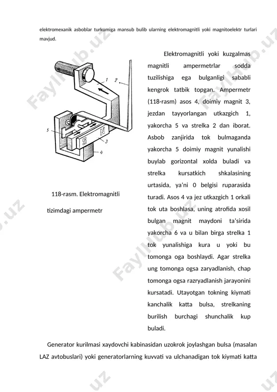 rining uz aro ta’siri natijasida kartushkani va u bi-lan birga uk 8 va avtomobil tezligini kursatuvchi strelka 12 ni magnit ayla-nishi yunalishida buraydigan moment xosil buladi. doimiy magnitning aylanish chastotasi kanchalik katta bulsa, kartushka va demak, strelka shunchalik katta burchakka buraladi. kil-prujina 10 karama-karshi moment xosil kiladi. strelka 12 ni aylanishlar chastotasiga boglik ravishda buralishi, fakat doimiy magnit xosil kilgan moment va kil-prujina karshilik momentlarining uz aro ta’siri bilan belgilanadi. bu kartushka va strelkani buralish burcha-gini aylanishlar chastotasiga tugri pro-porsional uzgarishini, ya’ni chizikli boglanishni ta’minlaydi. yumshok pulatdan (odatda, st10 dan) yasalgan xalkasimon magnit ekran 7, kar-tushka orkali utayotgan magnit okimini kuchaytirish xisobiga asbobni sezuvchan-ligini oshirish uchun xizmat kiladi. at- 119-rasm.spidometrning tezlik ulchash mexanizmi 120-rasm. tashki ilashishli xisoblash mexanizmi rof muxit xarorati kutarilishi bilan kartushkaning karshiligi ortadi va uyurma toklar kuchi pasayib, kartushka bilan strelka kamrok burchakka buriladi. tempera-tura uzgarishi asbobning ulchash anikligiga ta’sirini kamaytirish maksadida doimiy magnit tagiga shunt 4 …