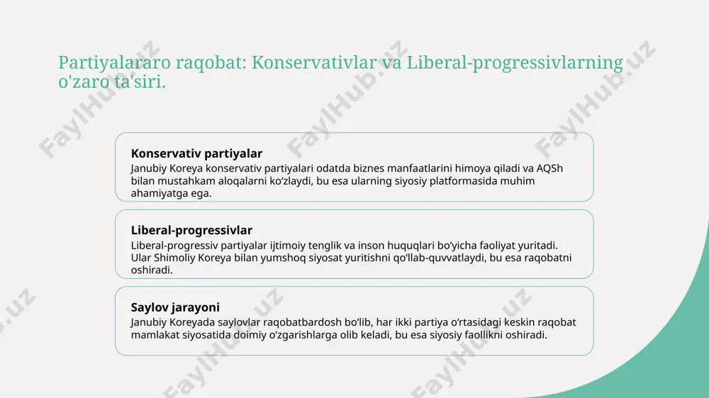 ya o'rtasidagi tarixiy kelishmovchiliklar, xususan, kolonial davrda yuzaga kelgan muammolar, zamonaviy siyosatni shakllantiradi. 03 shimoliy koreya bilan aloqalar shimoliy koreya bilan munosabatlar milliy xavfsizlik va diplomatik strategiyalarni belgilaydi, bu esa janubiy koreyaning ichki siyosatiga sezilarli ta'sir ko'rsatadi. janubiy koreya siyosiy madaniyatining rivojlanishi va o'ziga xos xususiyatlari. 1 tarixiy rivojlanish janubiy koreya siyosiy madaniyati 1987-yildan beri demokratik o'zgarishlar orqali rivojlanmoqda, avtoritar boshqaruvdan raqobatbardosh demokratiyaga o'tdi. 2 partiyalararo raqobat janubiy koreyada konservativlar va liberal-progressivlar o'rtasidagi siyosiy raqobat kuchli, har bir yangi prezident o'zidan oldingi rahbarni tanqid qiladi. 3 fuqarolik faolligi ommaviy namoyishlar va fuqarolik faolligi janubiy koreya siyosiy madaniyatining ajralmas qismi bo'lib, yoshlar ijtimoiy tarmoqlar orqali faol ishtirok etmoqda. fuqarolik faolligi va uning janubiy koreya siyosatidagi roli. fuqarolik faolligi janubiy koreyada fuqarolik faolligi yuqori darajada rivojlangan. ommaviy harakatlar va namoyishlar siyosiy jarayonlarda muhim rol o'ynaydi. ommaviy namoyishlar 2016-yilda prezident pak kin xening impichmenti uchun millionlab odamlar ko'chaga chiqdi. bu voqea fuqarolik faolligining …