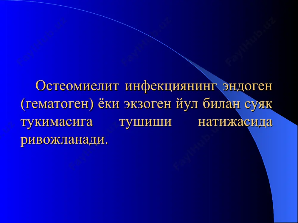 иелит; 2. сурункали остеомиелит: а. бирламчи сурункали остеомиелит: а) броди абсцесси б) оллье альбуминозли остеомиелити в) гарре склерозловчи остеомиелити б. иккиламчи сурункали остеомиелит ўткир гематоген остеомиелитнинг клиникаси ўткир бошланиши тана хароратининг баланд булиб (39-40ос) титрок тутиши умумий холсизлик бош огриши кўнгил айниши ва кусиш тилнинг куриши ва караш билан копланган бўлиши тахикардия лейкоцитоз ва кон формуласининг чапга силжиши купинча болалик ва усмирлик ёшида бўлиши арзимаган харакатларнинг огрикли бўлиши тери рангининг кўкимтир рангга кириши гематоген остеомиелитнинг жойлашиши гематоген остеомиелитнинг яшинсимон шакллари (молниеносные формы) кескин интоксикация ва септик холат билан, беморлар ахволининг огир бўлиши билан характерланади. жигар ва талок катталашади, сариклик пайдо булади, лейкоцитоз ва эчт (соэ) ортади. суякларда кўплаб инфекция ўчоклари борлиги билан характерланади. беморлар махаллий симптоматика бўлмаганида хам бир неча кун давомида нобуд бўлиши мумкин. ўткир гематоген остеомиелитда огрик шиш, букувчи контрактура ўткир гематоген остеомиелитнинг диагностикаси суякларни рентген текшируви суякни пункция килиб куриш суяк ичи босимини аниклаш - денситонометрия ва …