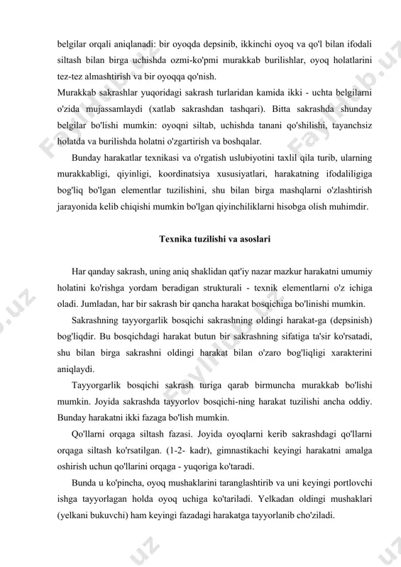 ishga tayyorlagan holda oyoq uchiga ko'tariladi. yelkadan oldingi mushaklari (yelkani bukuvchi) ham keyingi fazadagi harakatga tayyorlanib cho'ziladi. yarim cho'qqayish fazasi. bu faza itarilishdan keyingi hara​katdir. bunda qo'llar tezkor siltash harakati bilan yoysimon bo'lib pastga - oldinga, keyinchalik (asosiy harakat bosqichida) to'g'ri oldinga - yuqoriga harakatlanishga o'tadi (pastga qarang). lekin bu fazada qo'llar bilan siltash harakati gimnastikachi tanasining og'irligini yuqoriga emas, pastga o'tishiga yordam beradigimnastikachi qo'llarini siltash bilan bir vaqtda yarim cho'qqayishni ham ijro etadi: sportchi qo'llami siltash paytida oyoq tizzalarini va tos-son bo'g'imini sinxron bukib, oyoq kaftiga to'liq tushadi (10-rasm, 2-5- kadr). juda baland sakrashga erishish uchun yarim cho'qqayish optimal darajada bo'lishi kerak. bu va boshqa holatlarda depsinish paytida oyoq mushaklarini rivojlantiruvchi kuch pasaydi. tizza bo'g'imi burchagi 135-145° orasida o'zgarib turishi yaxshidir. yarim cho'qqayishda mushak tonusining balandligi ham muhimdir. ularning qo'llarini orqaga siltashdan keyin bo'shashishi depsinish kuchining pasayishiga olib keladi. yarimcho'qqayish fazasi tizza va tos-son bo'g'imining buki-lishi maksimum darajaga yetib, …