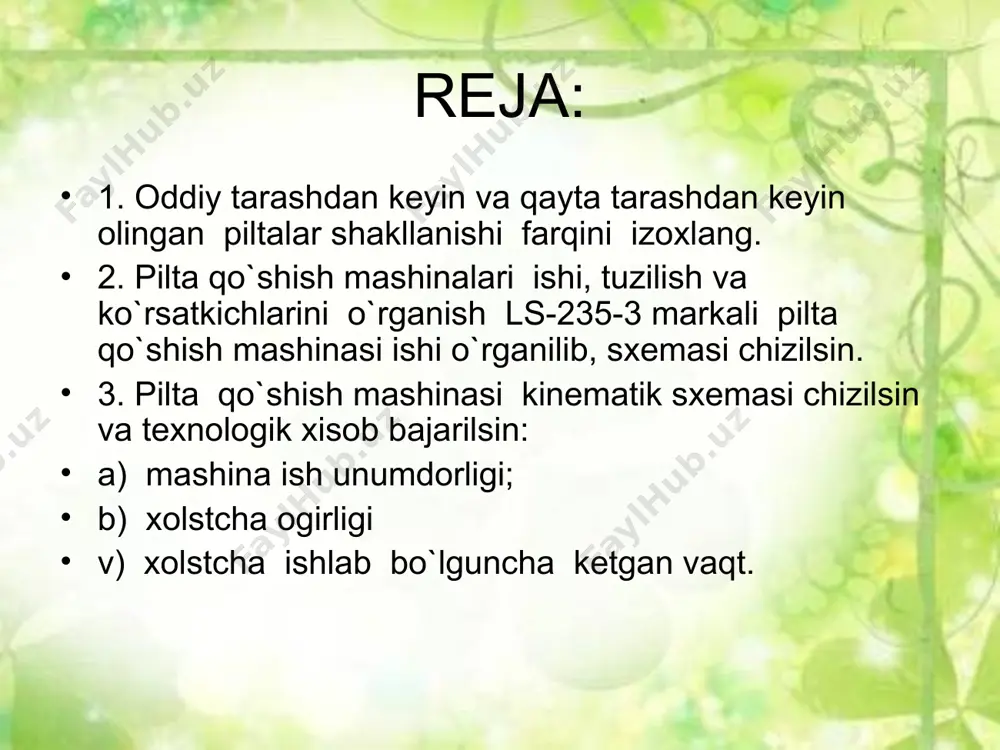 mashina kinematik sxemasi bosqichi boshqarish mashinani to`rt joyidan yoqadi va to`xtatadi. uzatmalarda ikkita almashtiruvchi element: d sm blok elektromator vali mashinani barcha qismlari tezligi, shuningdek ish unumdorligiga ta`sir etadi. ls-235 rusumli mashinasining kinematik sxemasi. dk-903 tarash mashinasining texnologik sxemasi 1- directfeed - bunkerli ta`minlagich, 2-ta`minlovchi tsilindr, 3- sensofeed – ta`minlash qurilmasi, 4- ajratuvchi pichoq (pnevmoqurilmali), webfeed - qabul barabani uzeli, 6-dastlabki tarash segmentlari, 7- shlyapkalarni tozalash qurilmasi, 8- ajratuvchi pichoq (pnevmoqurilmali), 9-shlyapkalar polotnosi, 10- bosh baraban, 11-ajratuvchi pichoqlar, qo’zg’almas segmentlar (pnevmoqurilmali), 12-ajratuvchi baraban, 13-tozalochi valik, 14-ajratuvchi valik, 15-ezuvchi vallar, 16- webspeed, 17-pilta shakllantiruvchi tsilindrlar, 18-taz almashtiruvchi qurilmali pilta taxlagich avvalambor, tashqi ko`rinishi bo`yicha taram va qayta tarash mashinalaridan namuna piltalar, taqqoslanadi, qo`lda namunalarni uzib tolalarning to`gri joylanish, qayta taralgan piltada xas-cho`p, nuksonlarning kamligiga e`tibor beriladi. qayta taralgan taram o`zida kalta tolalarni, kardotarashdan keyin piltada xas-cho`p, nuqsonlarni saqlaydi. dk-903 tarash mashinasining kinematik sxemasi 1-bosh barabanni harakatlantiruvchi elektrodvigatel, 2-ta`minlovchi valikni xarakatlantiruvchi dvigateli, …