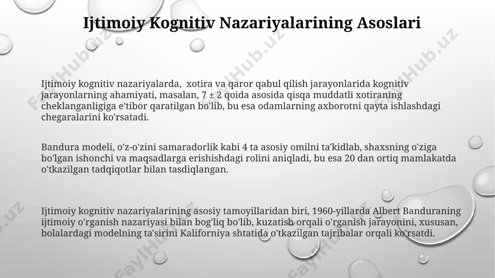 alan, sog'liqni saqlash sohasida, 5 yildan ortiq davom etgan tadqiqotlar orqali ko'plab muvaffaqiyatlarga erishgan bo'lsa-da, individual farqlar va madaniy xilma-xillikni to'liq hisobga olmaydi, natijada, masalan, afrika mamlakatlarida uni qo'llash qiyinlashadi. ijtimoiy kognitiv nazariyalar, masalan, banduraning ijtimoiy o'rganish nazariyasi, inson xulq-atvorini 3 ta asosiy omil orqali tushuntiradi, ammo bu murakkab ijtimoiy munosabatlarni to'liq aks ettirmaydi, masalan, 15 yoshgacha bo'lgan bolalar guruhidagi o'zaro ta'sirni. ijtimoiy kognitiv nazariyalarning amaliy qo'llanilishi samarqanddagi 3 ta turli kasb vakillariga o'tkazilgan treninglar natijalari ijtimoiy kognitiv nazariyalar asosida shakllantirilgan muloqot ko'nikmalari ish unumdorligini 20% ga oshirganligini ko'rsatdi. aqshning 50 ta shtatida 10 yildan ortiq davom etgan dasturlar shuni ko'rsatdiki, ijtimoiy kognitiv nazariyalar asosida ishlab chiqilgan interventsiyalar jinoyatchilik darajasini 15% ga kamaytirgan. ijtimoiy kognitiv nazariyalar 200 dan ortiq o'quvchilar bilan olib borilgan tadqiqotlarda, toshkentdagi maktablarda o'quvchilarning o'z-o'zini boshqarish ko'nikmalarini rivojlantirishda samarali qo'llanilgan. e'tiboringiz uchun rahmat @taqdimot_robot image1.png image2.png image3.png