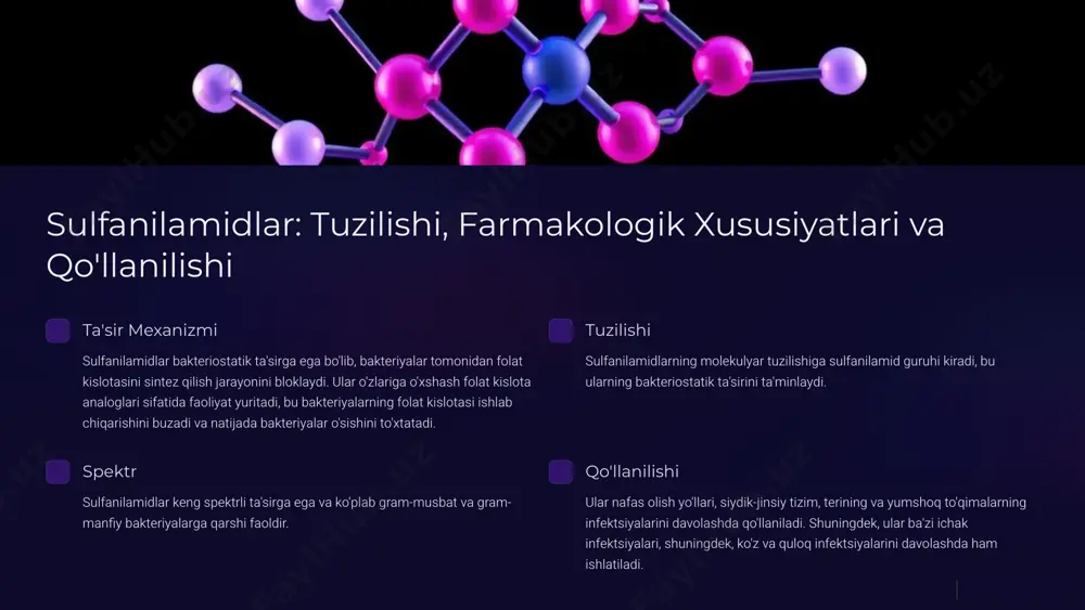 ning klinik-farmokologik xarakteristikasi 1. xinolon: kiprofloksatsin (ciprofloxacin) - tuzilishi: 1- (cyclopropyl)-6-fluoro-4-oxo-1,4-dihidro-7-(2-piperazino)-3-quinolinecarboxylic acid. u bakterial dnk girazasini inhibe qilib, bakterial infeksiyalarni davolashda ishlatiladi. 2. ftorxinolon: levofloksatsin (levofloxacin) - tuzilishi: (s)-2-(s)-2-azabikarboksil -6-fluoro-4-oxo-1,4-dihidro-7-(3-hividin) quinoline-3-carboxylic acid. u respirator infeksiyalarda keng qo'llaniladi. 3. nitroimidazol: metronidazol (metronidazole) - tuzilishi: 2-(2-methyl-5-nitro-1h-imidazol-1-yl)ethanol. u anaerob bakteriyalar va protozoal infeksiyalarni davolashda samarali hisoblanadi. 4. nitrofuran: nitrofurantoin - tuzilishi: 1-azabenzimidazol-4-karboksil kislotasi natriyning nitro va furfuril guruhi. u asosan siydik yo'llaridagi infeksiyalarni davolashda qo'llaniladi. bu dori vositalari juda samarali bo'lib, mikroorganizmlar tomonidan kelib chiqadigan turli kasalliklar bilan kurashishda muhim ahamiyatga ega. antibakterial preparatlarni qo'llashda muhim tavsiyalar taqdimot davomida ko'rib chiqilgan xinolonlar, ftorxinolonlar, nitroimidzaol va nitrofuranlar hamda sulfanilamidlar bakteriyalarga qarshi kurashda samarali vositalardir. biroq, ularni qo'llashda muayyan xususiyatlar va ehtiyot choralari mavjudligini unutmang. preparatlarni shifokorning nazorati ostida, faqat retsept bo'yicha qo'llash va ularning ta'sirini kuzatib borish muhimdir. o'z-o'zini davolash xavfli bo'lishi mumkin, shuning uchun har qanday dorini qo'llashdan oldin shifokor bilan maslahatlashish kerak. …