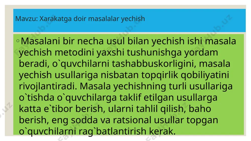 tir; birinchisi soatiga 50 km tezlik bilan, ikkinchisi esa 58 km tezlik bilan xarakatlanmoqda. birinchi poyezddagi yo`lovchi ikkinchi poyezdning 10 sekundda o`tib ketganini kuzatgan. ikkinchi poyezdning uzunligini toping. 2-masala. qo`qondan marg`ilongcha bo`lgan masofa 75 km. ertalab soat 9 da qo`qondan velosipedchi yo`lga chiqqan. ertalab soat 9 dan 36 minut o`ganda esa, marg`ilondan ikkinchi velosipedchi yo`lga tushgan va brinchidan soatiga 1 2 2 km dan kam yo`l yurgan. velosipedchilar tush vaqtida uchrashganlar, ular marg`ilondan qancha masofada uchrashganlar, xar biri necha km tezlik bilan yurgan, birinchisi marg`ilonga qachon yetib kelgan? quvlab yetishga doir xarakatlar. elementar masala. otasi o`g`lini shaxardan kitoblar olib kelish uchun yuborgan. lekin qaysi kitoblarni olib kelish kerakligini aytishni unutgan. 3 soat o`tib o`zi velosipedda quvib ketgan. agar o`g`li bir soatda 5 km, otasi esa bir soatda 8 km yursa, otasi o`g`lini necha soatda quvlab yetadi? yechilishi: o`g`li uch soatda 15 km ( 3*5=15 ) yurdi, otasi esa xar soatda …