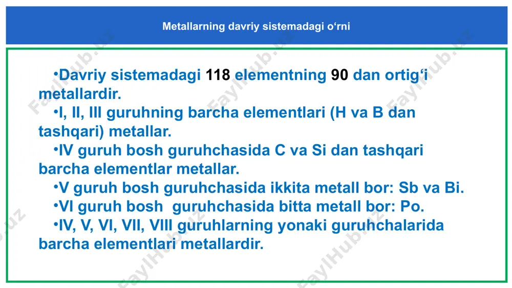 ritmaga o‘tkazib, yuqori haroratlarsiz, elektroliz yordamida yoki boshqa metallar ta’sir ettirib qaytarishga asoslangan. bu usullar yordamida oltin, kumush, rux, uran va boshqa metallar olinadi. gidrometallurgik usullarda cuo + h₂so₄ → cuso₄ + h₂o cuso₄ + fe → feso₄ + cu↓ cho‘yanning olinishi cho‘yan tarkibi, asosan, temir oksidlaridan iborat bo‘lgan temir rudalaridan domna pechlari – domnalarda suyuqlantirib olinadi. domna pechlari o‘tga chidamli g‘ishtlardan qurilgan, balandligi 27–31 m gacha bo‘ladigan minoralardir. 2fe+o₂→2feo+q 5feo+2p→5fe+p₂o₅+q 2feo+si→2fe+sio₂+q feo+mn→fe+mno+q feo+c→fe+co↑+q po‘latning olinishi buning uchun havo kislorodi yordamida temirning ma’lum bir qismi oksidlanib temir (ii) oksidiga va hosil bo‘lgan temir (ii) oksidi yordamida cho‘yan tarkibidagi qo‘shimchalar oksidlanadi. elektrometallurgik usullarda elektrometallurgik usullarda metallarni olish oksidlar, gidroksidlar, tuzlar suyuqlanmalarini elektroliz qilishga asoslangan. bu usullar yordamida ishqoriy va ishqoriy-yer metallar, alyuminiy olinadi. sanoatda natriy va kaliy ularning suyuqlantirilgan tuzlarini elektroliz qilib olinadi. masalan, natriy xlorid suyuqlanmasi tegishli ionlarga dissotsiatsiyalanadi: nacl=na⁺+cl⁻ elektrometallurgik usullarda doimiy tok o‘tkazilganda bu suyuqlanmadagi natriy ionlari katodga …