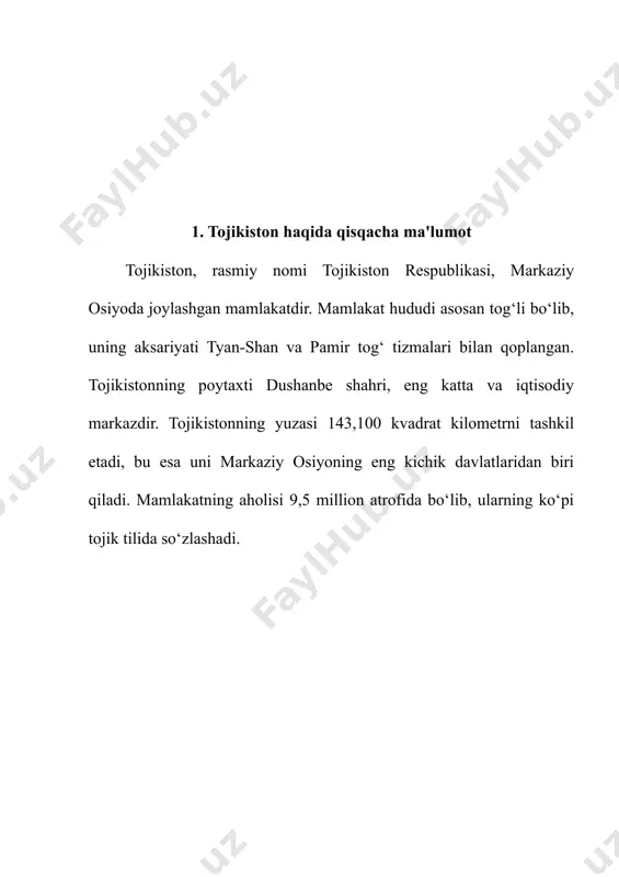 etika resurslari (neft, gaz), sanoat jihozlari, oziq-ovqat va kimyoviy mahsulotlarni import qiladi. · infratuzilma: tojikistonning infratuzilmasi rivojlanmoqda, ammo hali ham bir qator muammolar mavjud. mamlakatda transport, energetika va aloqa tizimlarini modernizatsiya qilish va yaxshilash zarurati mavjud. ayniqsa, transport va kommunikatsiya tarmoqlari orqali mintaqaviy va xalqaro aloqalarni kuchaytirish tojikiston iqtisodiyotining rivojlanishiga katta yordam berishi mumkin. 3. iqtisodiy xavflar tojikiston iqtisodiyoti bir qator ichki va tashqi xavflarga duch kelmoqda. ushbu xavflar iqtisodiy barqarorlikni ta'minlashni murakkablashtiradi va iqtisodiy rivojlanishga salbiy ta'sir ko‘rsatishi mumkin: · tashqi qarzlar va moliyaviy yordamga muhtojlik: tojikistonning tashqi qarzlari yuqori darajada bo‘lib, bu davlatning moliyaviy barqarorligiga tahdid soladi. mamlakatning iqtisodiy o‘sishi va ijtimoiy farovonligini ta'minlash uchun xalqaro moliyaviy yordam va investitsiyalar zarur. · energiya ta'minoti: tojikistonning energetika resurslari, asosan, gidroenergetikaga asoslangan. biroq, suv resurslarining notekis taqsimlanishi va iqlim o‘zgarishlari energiya ta'minotiga ta'sir qilishi mumkin. mamlakatda energetika sohasidagi barqarorlikni ta'minlash uchun sarmoya va texnologik modernizatsiya zarur. · iqtisodiy tarmoqlarning bir …