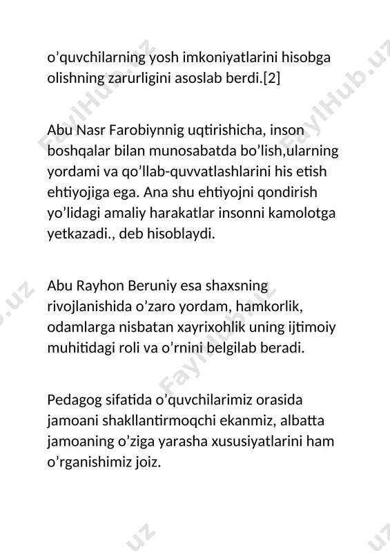 tida uning o’zi bu talablarni jamoa a’zolari zimmasiga qo’yishi bilan ifodalandi. endilikda o’qituvchi tomonidan jamoa shakllangan va endigi navbatda pedagog jamoada paydo bo’lgan va u bilan aloqador muammo, masalalarni yolg’iz o’zi hal qilmaydi. jamoa faoli bilan maxsus tarbiyaviy va amaliy ishlar olib borib bu ishga uni jalb etadi. bu bosqichda jarayon biroz murakkablashib boradi, ya’ni jamoa o’z-o’zini boshqarishga o’ta boshlaydi.bu bosqichda tadbirlar o’tkazishga tayyorgarlik, uni o’tkazish hamda faoliyat natijalarini muhokama qilish jamaoa xususiyatlarining ijobiy o’sishiga yordam beradi. jamoada mustaqil faoliayatning yuzaga kelishida jamoa faolining ahamiyati katta. shu o’rinda a.s.makarenko shunday degan edi:,, jamoa faoli bu-jamoa vijdoni”. to’g’ri jamoa faoli bir qancha imtiyozlarga ega bo’lishi bilan birga, unnig zimasida vazifalar ham o’z o’rniga egadir. jamoani rivojlantirishning uchinchi bosqichi anchagina sermahsul bosqich. a.s. makarenko fikriga qarab tashxis qiladigan bo’lsak, bu bosqichda jamoa faol bo’lmaganlar bilan ishlaydi, ya’ni ,,ayrim o’zini chetga olib qochuvchi,injiq shaxslar”ga talab qo’ya boshlaydi. bu bosqichda ijtimoiy fikr muhim ahamiyat …