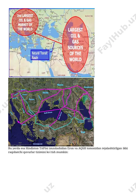 (eron-pokiston-hindiston) quvuri barbod etildi. quvur-orzular haqiqatda, ayni vaqtdagi global geosiyosiy raqobatlarning deyarli barchasi kim “yangi ipak yo`li”ni boshqarishiga bog`liq bo`lib qolgan. buni tushunib olish uchun quyidagi xaritalarni diqqat bilan ko`rib chiqish kerak: bu yerda esa hindiston tapini imzolashidan eron va aqsh tomonidan rejalashtirilgan ikki raqobatchi quvurlar tizimini ko`rish mumkin: xaritalardan ko`rinib turibdiki, bir tomondan aqsh va uning ittifoqchilari, ikkinchi tomondan rossiya, xitoy, eron o`rtasidagi geosiyosiy urush avjiga chiqmoqda. eron va pokiston hindistonni qo`shmagan holda va, albatta, rossiyaning ko`rinmas homiyligida ostida yangi quvurlar tizimini barpo etish borasida muzokaralar olib borishmoqda. haqiqatda, ayni chog`da, “buyuk o`yin” rossiya va aqsh tomonidan yevroosiyo neft va tabiiy gaz zahiralarini nazorat qilish maqsadida o`ynalmoqda: "sovet ittifoqi qulagan bo`lsa ham, rossiya amerikani markaziy osiyodan siqib chiqarishda muqim turib kelyapti. aqsh yevropa ittifoqi energetika ta`minotini o`zgartirish, birinchi navbatda rossiya dominantligidan xalos etishni istayotgan bir paytda, rossiya yevropaning o`z gaziga qaramligini oshirishni ko`zlamoqda. allaqachon yevropani rus gazi bilan ta`minlaydigan …