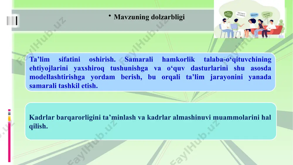 sus shaxsiy o‘sish rejasini ishlab chiqadi. avstraliyada avstraliyada o‘qituvchilar uchun belgilangan aitsl standartlariga asoslangan baholash tizimi mavjud. talaba-o‘qituvchilar ham shu mezonlar asosida o‘z faoliyatini baholaydilar. me’yoriy – huquqiy hujjatlar o‘zbekiston respublikasi “ta’lim to‘g‘risida” gi qonun 23.09.2020 y o‘zbekiston respublikasining “mehnat kodeksi” 30.04.2023-yil 372-modda o‘zbekiston respublikasi vazirlar mahkamasining “xalq ta’limi bo‘limi hodimlarining mehnatiga haq to‘lashning takomillashtirilgan tizimini tasdiqlash to‘g‘risida” gi 275-sonli qarori 21.12.2005 chora tadbirlar rejasi t/r muammo muammoning yechimini amalga oshirish mexanizmi mas’ullar muddati natija 1. ayrim maktablarda murabbiylik kabi psixologik-pedagogik yordam tizimi yaxshi ishlamaydi ko‘p yillik tajriba va bilimga ega ustozlarni talaba – o‘qituvchilarga biriktirish. institutlar professor o‘qituvchilari bilan hamkorlikda individual rejalar tuzish. direktor, mmibdo‘, maktab psixologi, uslubiy birlashma rahbarlari o’quv yili davomida talaba o‘qituvchilarda kasbga muvaffaqiyatli kirishish va o‘z salohiyatini ro‘yobga chiqarish uchun zarur bo‘lgan kasbiy fazilatlar, ko‘nikma va malakalarni shakllantiriladi. 2. talaba-o‘qituvchilar hamkasblar va ma'muriyat bilan muloqot qilishda qiyinchiliklarga duch kelishadi pedagogik jamoa bilan tanishtirish, muntazam ravishda …