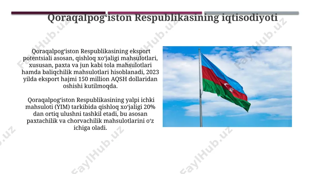sining taʼlim siyosati davlat taʼlim standartlari va milliy oʻquv dasturlariga asoslanadi, shuningdek, it texnologiyalarni joriy etishga alohida eʼtibor qaratiladi. respublika taʼlim tizimida 300 mingdan ziyod oʻquvchi tahsil olib, ularga 20 mingdan ortiq pedagog xodimlar taʼlim-tarbiya beradi. pedagoglarning malaka oshirish kurslari va treninglari muntazam oʻtkaziladi. qoraqalpogʻiston respublikasining ekologik muammolari respublikaning 80% dan ortiq hududida choʻl va chala choʻl landshaftlari mavjud boʻlib, bu esa chang-toʻzon boʻronlari xavfini 7 ball shkalasi boʻyicha 5 ballga yetkazmoqda. qoraqalpogʻistonning aral dengizi quriganidan keyin 150 ming gektardan ortiq yer maydoni tuzlangan, bu esa yer osti suvlarining shoʻrlanishiga va qishloq xoʻjaligiga salbiy taʼsir koʻrsatmoqda. qoraqalpogʻiston respublikasining infratuzilmasi respublikaning elektr energiyasi bilan ta'minlash darajasi oʻrtacha 95% ni tashkil etadi, ammo qishloq joylarida, ayniqsa, uzoq va chekka hududlarda elektr ta'minotida uzilishlar kuzatiladi. qoraqalpogʻiston respublikasida 20 dan ortiq yirik suv omborlari mavjud boʻlib, ularning umumiy sigʻimi 10 kub kilometrdan oshadi, ammo suv ta'minoti tizimlarining eskirganligi suv resurslaridan samarali foydalanishni cheklaydi. qoraqalpogʻiston …