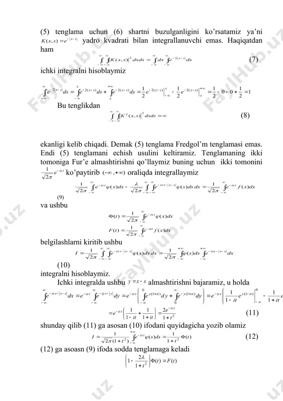 iy nuqta bo’lsin. funksiyani kiritamiz ga integrallansin va orqali ning ga mos ravishda kontur ichidan yoki tuchqarisida integragandagi limit qiymatin belgilaymiz. u holda soxotskiy-plemel formulasiga k’ra (15) (16) tengliklar o’rinlidir. funksiya kontur ichida regulyar funksiya bo’lsin va ga qadar uzluksiz bo’lsin. agar kontur tashqarisda bo’lmasa. va yoki soxotskiy-plemel formulasiga ko’ra (17) bu tenglik sonu (18) singulyar integral tenglamaning echimi ekanligini bildiradi va bu xarakteristik songa kontur ichida chiziqqacha regulyar funksiyaning chiziqdagi qiymati xos funksiyaga mos keladi. endi chiziqdan tashqari sohada regulyar bo’lib chiziqgacha uzluksiz bo’lsin va . u holda chiziq ichda va bu tenglikdan soxotskiy-plemel formulasiga ko’ra (19) tenglikka kelamiz. bundan (19) tenglama yani bir xarakteristik songa ekanligi kelib chiqadi va bu songa cheksiz ko’p xos funksiyalar mos keladi. shunday qilib fredgol’mning har qanday xarakteristik songa chekli sondagi xos funksiyalar mos kelishi haqidagi teorema buzuladi. 4. abel’ tenglamasi ushbu integral tenglamani o‘rganamiz. (20) bu tenglamani ushbu ko‘rinishda yozib uni ga …