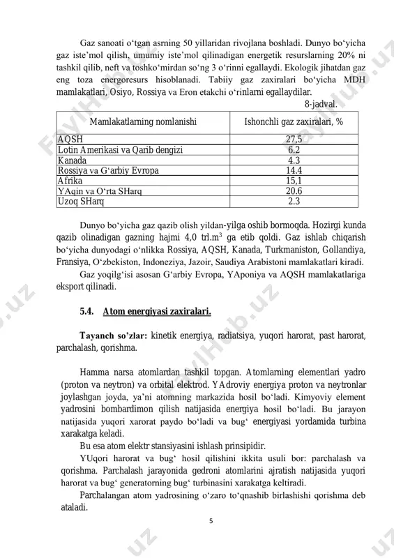 ‘tgan asrning 50 yillaridan rivojlana boshladi. dunyo bo‘yicha gaz iste’mol qilish, umumiy iste’mol qilinadigan energetik resurslarning 20% ni tashkil qilib, neft va toshko‘mirdan so‘ng 3 o‘rinni egallaydi. ekologik jihatdan gaz eng toza energoresurs hisoblanadi. tabiiy gaz zaxiralari bo‘yicha mdh mamlakatlari, osiyo, rossiya va eron etakchi o‘rinlarni egallaydilar. 8-jadval. mamlakatlarning nomlanishi ishonchli gaz zaxiralari, % aqsh 27,5 lotin amerikasi va qarib dengizi 6.2 kanada 4.3 rossiya va g‘arbiy evropa 14.4 afrika 15,1 yaqin va o‘rta sharq 20.6 uzoq sharq 2.3 dunyo bo‘yicha gaz qazib olish yildan-yilga oshib bormoqda. hozirgi kunda qazib olinadigan gazning hajmi 4,0 trl.m3 ga etib qoldi. gaz ishlab chiqarish bo‘yicha dunyodagi o‘nlikka rossiya, aqsh, kanada, turkmaniston, gollandiya, fransiya, o‘zbekiston, indoneziya, jazoir, saudiya arabistoni mamlakatlari kiradi. gaz yoqilg‘isi asosan g‘arbiy evropa, yaponiya va aqsh mamlakatlariga eksport qilinadi. 5.4. atom energiyasi zaxiralari. tayanch so’zlar: kinetik energiya, radiatsiya, yuqori harorat, past harorat, parchalash, qorishma. hamma narsa atomlardan tashkil topgan. atomlarning elementlari …