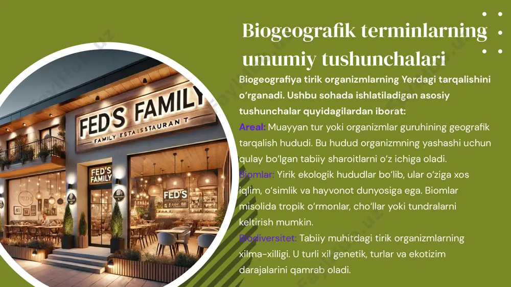 u fenomen biogeografik muhitlarga ta'sir ko‘rsatadi, masalan, qutb muzliklarining erishi, iqlim o‘zgarishlari tufayli ba'zi turlarning tarqalishi va yashash sharoitlarining o‘zgarishi. relikt turlar. relikt turlar - bu o‘tgan geologik davrlarda keng tarqalgan, ammo hozir faqat ma'lum hududlarda saqlanib qolgan turlar. global isish, odamlarning yer yuzidagi tabiiy muhitlarni o‘zgartirishi, bu turlarni yo‘qolish xavfiga soladi. misol: dodo qushi, hozir yo‘qolgan, ammo o‘z vaqtida katta hududlarda yashagan. relikt turlari ekologik degradatsiya: ekologik degradatsiya - bu tabiatning o‘zgarishi va yo‘qolishi, masalan, o‘rmonlarning kesilishi, yerning eroziyaga uchrashi va boshqa tabiiy muhitlarning buzilishi. bu jarayonlar biologik xilma-xillikni kamaytiradi va turlarni yo‘qolishga olib kelishi mumkin. ekosistemalarning o'zgarishi turlarni himoya qilish: ekologik muammolarni hal qilishda turlarni saqlab qolish juda muhim. turlarni himoya qilish uchun turli tashabbuslar amalga oshirilmoqda, jumladan, milliy bog‘lar yaratish, biologik xilma-xillikni saqlash bo‘yicha xalqaro kelishuvlar, masalan, cites (xalqaro savdoda yo‘qolib ketayotgan yovvoyi hayvonlar va o‘simliklar turlarini himoya qilish konvensiyasi). ekosistemalarning o‘zgarishi: iqlim o‘zgarishi va inson faoliyati …