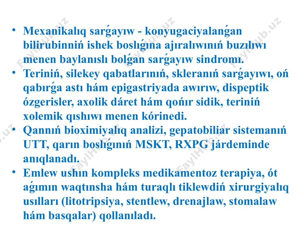trikturalarında, asqazan astı bezi kistası bası xoledoxınıń basılıwında baqlanadı. isiniw procesleri. ót shıǵıw jollarınıń ádeuir tarayıwına yamasa bekiliwine xolangit, jabısqaq periprocess penen asqınǵan ótkir xolecistit, pankreatit, ótkir papillit alıp keledi. barlıq bwl jaǵdaylarda óttiń fiziologiyalıq shıǵıwı jollar diywalınıń, organlar parenximası isiniwi, jabıspalar menen mexanikalıq qısılıwı aqıbetinde tómenleydi. kólemli dúzilisler. pankreatik bezdiń bası, fater sorǵishı, bawır jolları hám xoledox rakı, ót jolları papillomatozında ót jollarınıń turaqlı mexanikalıq obturasiyasına sharayat jaratıladı. tap sonday jaǵday bauır dárwazasında limfomalar, metastatik jaraqatlanǵan limfa túyinleri jaylasqanda payda boladı. mexanikalıq sarǵayıwdıń klinikalıq belgileri keselliktiń tiykarǵı belgileri: teriniń, silekey qabatlarınıń hám skleralardıń intensiv sarı reńge boyıwı, oń qabırǵa astı hám epigastral aymaqtaǵı toqımsız, áste-aqırın kúsheyiwshi awırıwlar, dispeptik buzılıwlar (júriw, qusıw, ishteydiń páseyiwi). ót shıǵarıw jollarınıń mexanikalıq obstrukciyasınıń patognomik simptomı úlken dárettiń reńsizleniwi hám sidiktiń qara reńli bolıwı. kópshilik nawqaslarda kúshli teri qıshıwı payda boladı, ol dári-dármaqlar menen emlenbeydi. ót jollarındaǵı isiniw procesleri menen baylanıslı bolǵan sarı awırıwda gipertermiya …