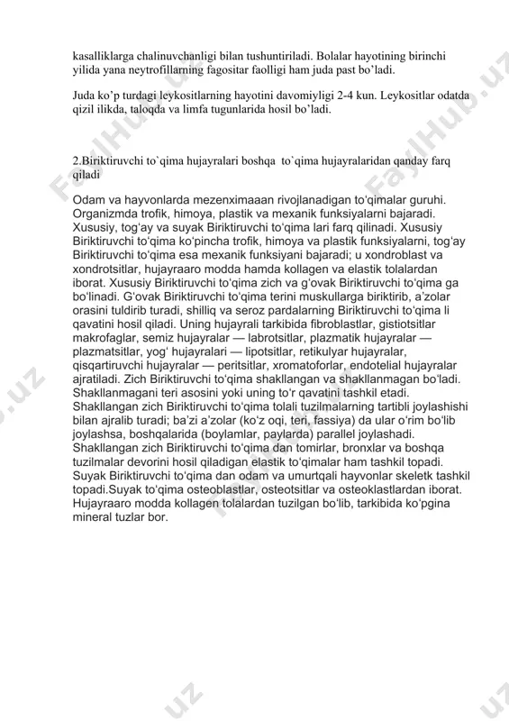 an tomirlar, bronxlar va boshqa tuzilmalar devorini hosil qiladigan elastik toʻqimalar ham tashkil topadi. suyak biriktiruvchi toʻqima dan odam va umurtqali hayvonlar skeletk tashkil topadi.suyak toʻqima osteoblastlar, osteotsitlar va osteoklastlardan iborat. hujayraaro modda kollagen tolalardan tuzilgan boʻlib, tarkibida koʻpgina mineral tuzlar bor. image1.jpeg