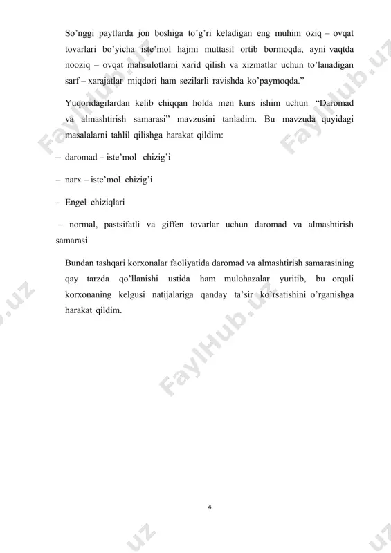 ilan iste’molchining tovar tanlovi holatining bir holatdan ikkinchisiga o’tishini aks ettiradi. engel chiziqlari nemis olimi ernst engel iste’molchi daromadi o’zgarishining iste’mol tarkibiga qanday ta’sir qilishini o’rganib chiqqan. buning uchun u iste’molchi daromadi o’zgarganda oziq – ovqat mahsulotlariga, standard sifatli sanoat mahsulotlariga va oliy sifatli tovar va xizmatlarga bo’lgan talabining o’zgarishini tadqiq qilgan. engel o’z tadqiqotlari yakunida izlanishlari natijalarini grafik shaklida tasvirlagan va bu grafik fanga “engel chiziqlari” nomi bilan kirgan. 4 – chizma. engel chiziqlari absissa o’qiga r – iste’molchi daromadi joylashtirilgan. ordinata o’qida esa q – sotib olinadigan tovarlar miqdori berilgan. bu grafikda q1oziq – ovqat mahsulotlariga bo’lgan talab miqdorini, q2 standard sifatli sanoat mahsulotlariga bo’lgan talab miqdorini, q3 esa oliy sifatli tovar va xizmatlarga bo’lgan talab miqdorini bildiradi. grafikdan ko’rinib turibdiki, oziq – ovqat mahsulotlariga bo’lgan talab daromadning har qanday holatida mavjud. chunki, inson yashashi uchun oziq – ovqat mahsulotlarini albatta iste’mol qilishi kerak. iste’molchining daromadi ortib borishi …