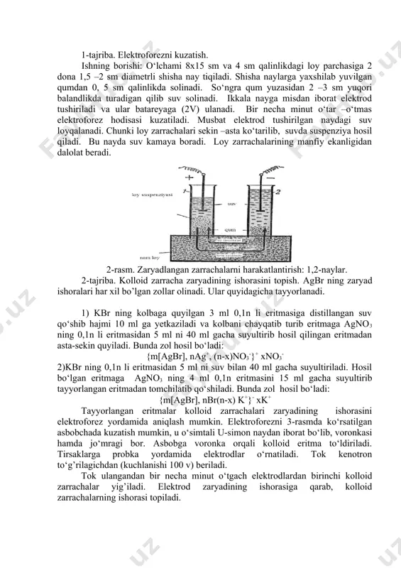 tortib neytrallanib turadi. endi suvga kumush nitrat (ya`ni suvda yaxshi eriydigan kumush tuzi) qo‘shsak, kumush ionlarining elektrokimyoviy potentsiali ortib ketadi. shuning natijasida kumush yodid sirtidan yod ionlari eritmaga ko‘proq o‘ta boshlaydi. cho‘kma sirti musbat zaryadli bo‘lib qoladi, yod ionlar esa qarshi ionlar vazifasini o‘tay boshlaydi; ba`zan bu hodisa avtoadsorbtsiya deyiladi, chunki bunday chegara sirtga o‘sha sirt moddasi tarkibidagi element ioni ko‘proq adsorbtsiyalanadi. bunga asoslanib fayans va panet chegara sirt zaryadini aniqlash uchun quyidagi qoidani ta`rifladilar: biror eritmaga biror faza tushirilsa, eritmadan o‘sha faza moddasi tarkibiga kirgan element ionlari birinchi navbatda adsorbilanadi. binobarin, eritmaga tushirilgan faza chegarasining zaryadi o‘sha ionlarning zaryadi ishorasi bilan bir hil bo‘lib qoladi. qo‘sh elektr qavat hosil bo‘lishining ikkinchi mexanizmi qattiq faza tarkibiga kirmaydigan ionlarning fazalararo sirtga tanlab adsorbilanishidan iborat. bu holda sistemaga aralashib qolgan qo‘shimcha moddalar tarkibilagi ionlar adsorblanadi. masalan, metall – suv sistemasiga nacl eritmasi qo‘shilsa, metall sirtiga xlorid ionlari adsorbilanadi. metall sirtida ortiqcha manfiy …