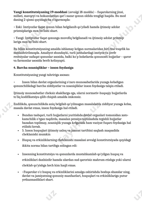 san sudga murojaat qilishga imkon beradi. referendumda qabul qilingan qonunga binoan, oliy sud 3 oy ichida tegishli plenum qarorini qabul qilishi kerak. bu qaror asosida sudlar tomonidan konstitutsiya normalarini to'g'ridan to'g'ri amal qiluvchi hujjat sifatida qo'llash yuzasidan yagona sud amaliyoti joriy etiladi. 3. imtiyozlar qonunda yozib qo'yilishi shart emas yangi konstitutsiyaning 19-moddasi (avvalgi 18-modda) – fuqarolarning jinsi, millati, mavqeyi va hokazolardan qat'i nazar qonun oldida tengligi haqida. bu mod daning 2-qismi quyidagicha o'zgarmoqda: • eski: imtiyozlar faqat qonun bilan belgilanib qo'yiladi hamda ijtimoiy adolat printsiplariga mos bo'lishi shart. • yangi: imtiyozlar faqat qonunga muvofiq belgilanadi va ijtimoiy adolat printsip lariga mos bo'lishi shart. bu bilan konstitutsiyaning amalda ishlamay kelgan normalaridan biri real voqelik ka moslashtirilmoqda. amaliyot shundayki, turli jabhalardagi imtiyoz va prefe rentsiyalar nafaqat qonunlar asosida, balki ko'p holatlarda qonunosti hujjatlar – qaror va farmonlar asosida berib kelinyapti. 4. barcha noaniqliklar – inson foydasiga konstitutsiyaning yangi tahririga asosan: • inson …