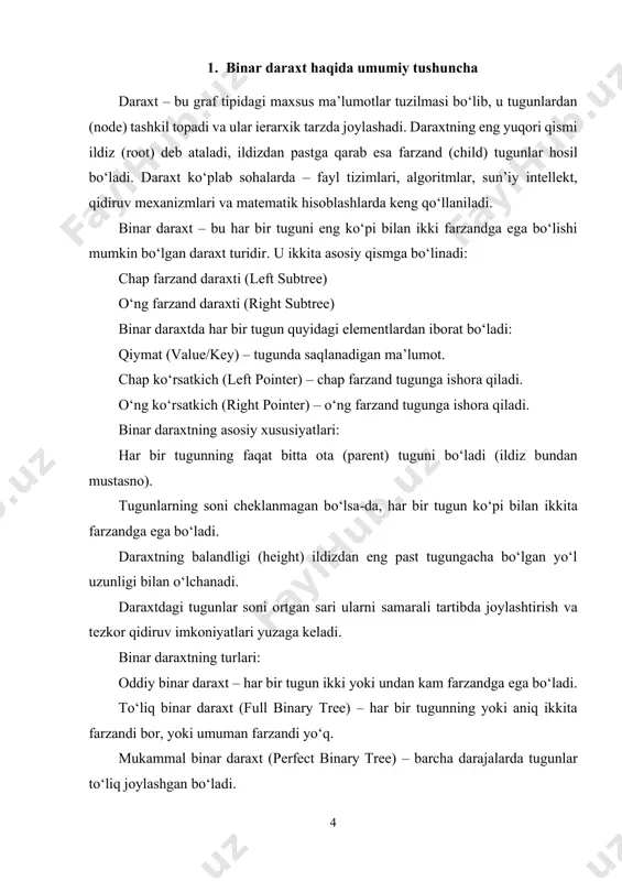 o(log n) da bajariladi. ❖ o‘chirish amali: elementni o‘chirish bst qoidasini buzmasdan bajariladi. ❖ moslashuvchanlik: bst turli sohalarda – indekslash, qidiruv mexanizmlari, sintaksis daraxtlari, qaror qabul qilish tizimlari va boshqalarda qo‘llaniladi. bst ning kamchiliklari: ✓ agar daraxt balanslanmagan bo‘lsa (masalan, elementlar o‘suvchi yoki kamayuvchi tartibda ketma-ket kiritilsa), u chiziqli ro‘yxat shaklini oladi. bunday holatda qidiruv va qo‘shish jarayonlari o(n) bo‘lib qoladi. 7 ✓ shu sababli amaliyotda bstning balanslangan turlari – avl daraxtlari, qizil- qora daraxtlar (red-black trees), splay tree kabi strukturalar qo‘llaniladi. bst da bajariladigan asosiy amallar: ✓ element qo‘shish (insertion) ➢ daraxt bo‘sh bo‘lsa – yangi tugun ildiz bo‘ladi. ➢ qo‘shilayotgan element ildizdan kichik bo‘lsa – chap qismga o‘tadi. ➢ katta bo‘lsa – o‘ng qismga o‘tadi. ➢ bu jarayon rekursiv yoki iterativ usulda bajariladi. ✓ element qidirish (search) ➢ ildizdan boshlanadi. ➢ agar kerakli qiymat ildizga teng bo‘lsa – qidiruv tugaydi. ➢ agar qiymat kichik bo‘lsa – chap qismda …
