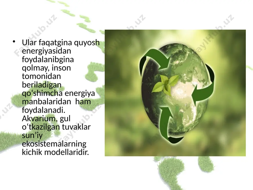 ng mahsuldorligini oshirish uchun serhosil o‘tlar ekish, o‘g‘itlash va tuproqni sun’iy sug‘orish usullaridan foydalanish mumkin. agrosenozlarning iqtisodiy samaradorligini yanada oshirish uchun ekinlarga ishlov berishning zamonaviy texnologiyalaridan foydalanish, yangi o‘simlik navlari va ularning duragaylarini yaratishda genetik injeneriya va biotexnologiya usullaridan foydalanish zarur. kosmik ekosistemalar. uzoq safarga mo‘ljallangan kosmik kema ham kichik antropogen ekosistema hisoblanadi. hozirgi paytda barcha kosmik kemalar hayot uchun zarur bo‘ladigan zaxiralar bilan ta’minlangan. ularda suv va havoning regeneratsiyasi fizik-kimyoviy usullar yordamida amalga oshadi. kosmik kemalar hayot uchun zarur barcha abiotik komponentlarni qayta hosil qiluvchi va ularni qayta ishlovchi sistemalar bilan jihozlanadi. image2.jpeg image3.jpeg image4.jpeg image5.jpeg image6.png image7.jpeg image8.jpeg image9.jpeg image10.jpeg image11.jpeg image12.jpeg image13.jpeg image1.jpeg