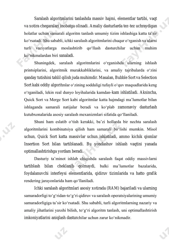 algoritmlarining afzalliklarini baholashda algoritmning barqarorligi (stability) ham muhim rol o‘ynaydi. barqaror saralash algoritmi bir xil kalit qiymatga ega elementlarning dastlabki tartibini saqlab qoladi. masalan, kartalar o‘yini misolida agar kartalar faqat raqamlar bo‘yicha saralansa, barqaror saralash dastlabki belgilar (g‘isht, olma va hokazo) tartibini saqlab qoladi. merge sort va bubble sort algoritmlari barqaror saralash algoritmlariga misol bo‘la oladi, quick sort esa odatda barqaror emas. saralash algoritmlarini real hayotdagi qo‘llanilishiga oddiy misol keltirish mumkin: onlayn-do‘konlarda mahsulotlar narx, baho yoki mashhurlik darajasiga qarab saralanadi. bu holatlarda tez va samarali saralash algoritmlarini qo‘llash foydalanuvchi tajribasini yaxshilash uchun juda muhim. python dasturlash tilida saralash uchun ichki sort() funksiyasi ishlatiladi, u asosan timsort algoritmiga asoslangan. timsort - bu real ma’lumotlarga juda moslashuvchan va samarali saralash algoritmi bo‘lib, u merge sort va insertion sort yondashuvlarining kombinatsiyasidir. masalan, python’da massivni saralash: data = [5, 2, 9, 1, 5, 6] data.sort() print(data) # natija: [1, 2, 5, 5, 6, 9] …