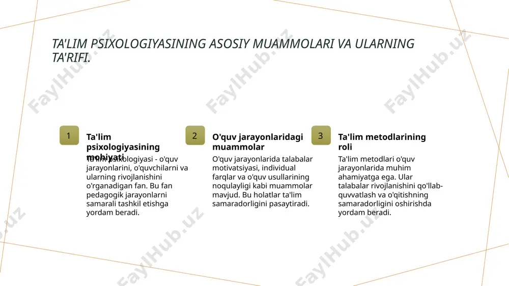 rivojlantirib, o'zaro o'rganishni kuchaytiradi. texnologik integratsiya zamonaviy texnologiyalar, masalan, ta'lim platformalari va onlayn resurslar, o'quv jarayonini qo'llab-quvvatlab, bilim olish samaradorligini oshiradi. talabalar rivojini shakllantirishda ta'lim metodlarining roli. 1 ta'lim metodlarining ahamiyati ta'lim metodlari o'quv jarayonida talabalar rivojini shakllantirishda muhim rol o'ynaydi, chunki ular bilimlarni samarali va qisqa muddatda yetkazadi. 2 innovatsion yondashuvlar innovatsion ta'lim metodlari, masalan, interaktiv o'qitish va muammobazaviy o'qitish, talabalar o'rtasida fikrlash va ijodiy qobiliyatlarni oshiradi. 3 o'quv muhitining roli o'quv muhitining sifatli tashkil etilishi, ya'ni qulay o'qitish sharoitlari, talabalar rivojini yanada samarali ta'minlaydi va ularning motivatsiyasini oshiradi. o'quv jarayonlarining talabalarning shaxsiy rivojiga ta'siri. o'quv jarayonlari o'quv jarayonlari talabalarning shaxsiy rivojini ta'minlaydi, chunki ular bilim olish, muammolarni hal qilish va ijtimoiy ko'nikmalarni rivojlantirish imkonini beradi. tanqidiy fikrlash o'quv jarayonlari talabalarni tanqidiy fikrlashga rag'batlantiradi, bu esa ularning individual qarorlar qabul qilish va muammolarni hal etish qobiliyatini oshiradi. ijtimoiy muloqot o'quv jarayonlari davomida talabalar o'zaro muloqot qilish imkoniyatiga ega bo'lib, …