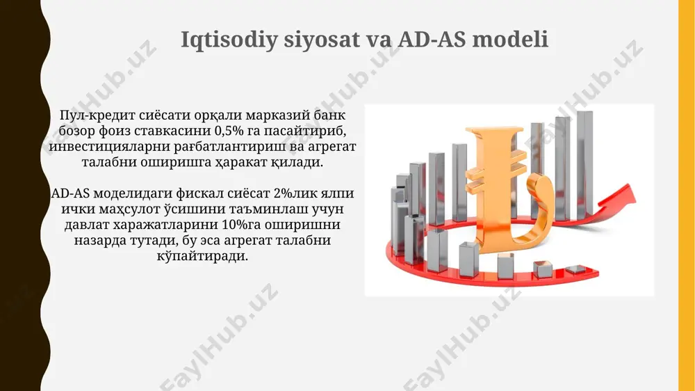 ing amaliy qo'llanilishi hukumat iqtisodiy siyosatini, masalan, soliqlarni 10% ga kamaytirish yoki davlat xarajatlarini 5% ga oshirish ta'sirini baholashda ad-as modeli muhim vosita hisoblanadi. markaziy banklar pul-kredit siyosatining, ya'ni foiz stavkalarini 0,5% ga o'zgartirishning yaim va inflyatsiyaga ta'sirini tahlil qilishda ad-as modelini keng qo'llaydi. umumiy talabning siljishi umumiy talab egri chizig'ining chapga siljishi, iste'molchilarning ishonchini 15% ga pasayishi tufayli sodir bo'lishi va deflyatsion bosimni kuchaytirishi mumkin. umumiy talabning o'ngga siljishi, masalan, 20% ga oshgan investitsiyalar natijasida yuzaga kelishi va yalpi ichki mahsulotning (yaim) 10% ga o'sishini keltirib chiqarishi mumkin. umumiy taklif egri chizig'i umumiy taklif egri chizig'ining siljishi texnologiya taraqqiyoti, mehnat resurslari miqdori yoki kapital investitsiyalari kabi omillar ta'sirida ro'y beradi, natijada piym o'zgaradi va egri chiziq o'ngga yoki chapga siljiydi. qisqa muddatli umumiy taklif egri chizig'i yuqoriga qarab qiyshiq bo'lib, narxlar darajasi o'zgarganda ishlab chiqarish hajmini o'zgarishini aks ettiradi, masalan, inflyatsiya 2% ga oshsa, ishlab chiqarish ham ortadi. e'tiboringiz …