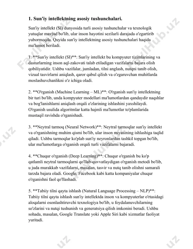 osita bo'ladi. 8. **ekspert tizimlari (expert systems)**: ekspert tizimlari bir yoki bir nechta sohalarda mutaxassis bilimlarni taqlid qiladigan dasturlar bo'lib, ular murakkab qaror qabul qiluvchi muammolarni hal qilishda yordam beradi. 9. **mustaqil agentlar (autonomous agents)**: mustaqil agentlar sun'iy intellekt tizimlari bo'lib, ular o'zlari atrofidagi muhitga javob qaytarish va maqsadlariga erishish uchun mustaqil ravishda harakat qila oladi. 10. **mashinani tushunish (perception)**: mashinalar yoki robotlar muhitni sezib-tanish qobiliyatidir, ya'ni ko'rish, eshitish kabilarni o'z ichiga oladi. masalan, avtobuslarga o'rnatilgan kameralar yordamida qoidabuzarliklar aniqlanadi. so'nggi yillarda sun'iy intellekt texnologiyalari tez sur'atlar bilan rivojlanmoqda va bu jarayon kelajakda ham yanada jadallashadi. birlashgan millatlar tashkilotining ma'lumotlariga ko'ra, 2030 yilga kelib sun'iy intellekt global iqtisodiyotga 15 trillion aqsh dollaridan ortiq foyda keltirishi kutilmoqda. sun'iy intellekt inson hayotining turli jabhalariga kirib borishi bilan uni jamiyatda to'g'ri qo'llash va boshqarish muhimdir. 2. mashinani o'rganish usullari va algoritmlari. mashinani o'rganish - bu sun'iy intellektning bir qismi bo'lib, ushbu sohada tadqiqotchilar …