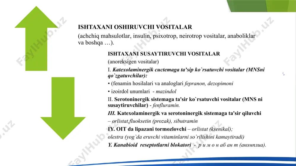 ye2, ichak tomirlarini faollashtiruvchi peptid vip va meda sekretsiyasini susaytiruvchi peptid gip) aksincha me'da sekretsiyasini pasaytiradi. (vip-vasoactive intestinal peptide), (gip-gastric inhibitory peptide). gastrin, gistamin va ekstraktiv moddalar asosan tashxis qo`yish maqsadida qo`llaniladi. agar me'da sekretsiyasining susayishi - funktsional o`zgarishlar tufayli yuzaga kelgan bo`lsa, ushbu vositalar me'da shirasini ajralishini kuchaytiradi,. organik jaroxat tufayli bo`lsa, o`zgarishsiz. tashxis uchun eng yaxshi vosita gastrin. gastrin ta'sir kuchi bo`icha gistamindan ancha kuchli, tanlab ta'sir etadi. gastrin gistamin kabi ncl va pepsinogenni. kaslning ichki omilini ajralishini, xamda me'da osti bezi sekretsiyasi va o`t hosil bo`lishini kuchaytiradi. tibbiyot amaliyotida sintetik gastrin-pentagastrin qo`llaniladi. me'da funktsiyalarini buzilishida qo`llanuvchi vositalar gistamin –h2 retseptorlarini qo`zgatib, me'da shirasini kuchli darajada oshiradi. gestaminning ta'sir doirasi keng. u qon bosimini pasaytiradi, kapillyarlar o`tkazuvchanligini oshiradi, bronxospazm chaqiradi, ichak spazmiga olib keladi shu sababli gistaminni kiritishdan avval, bemorlarga antgistamin vositasi beriladi. me'da shirasini ishlab chiqarish keskin kamaysa yoki umuman ishlab chiqarilishi to`xtasa, uning o`rniga tabiiy me'da …