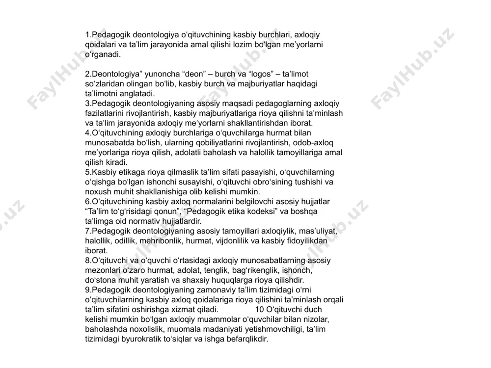 quvchi o‘rtasidagi axloqiy munosabatlarning asosiy mezonlari o‘zaro hurmat, adolat, tenglik, bag‘rikenglik, ishonch, do‘stona muhit yaratish va shaxsiy huquqlarga rioya qilishdir. 9.pedagogik deontologiyaning zamonaviy ta’lim tizimidagi o‘rni o‘qituvchilarning kasbiy axloq qoidalariga rioya qilishini ta’minlash orqali ta’lim sifatini oshirishga xizmat qiladi. 10 o‘qituvchi duch kelishi mumkin bo‘lgan axloqiy muammolar o‘quvchilar bilan nizolar, baholashda noxolislik, muomala madaniyati yetishmovchiligi, ta’lim tizimidagi byurokratik to‘siqlar va ishga befarqlikdir.