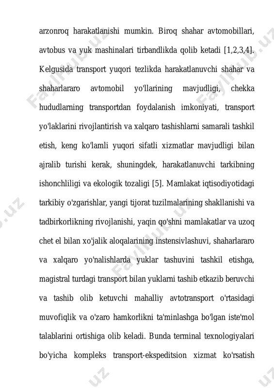 nlashga bo'lgan iste'mol talablarini ortishiga olib keladi. bunda terminal texnologiyalari bo'yicha kompleks transport-ekspeditsion xizmat ko'rsatish tizimini tashkil etish birinchi darajali ahamiyat kasb etadi. terminal tashishlar, xorijda, avvalo, yuklarni etkazib berishning shaharlararo va xalqaro hamjamiyatida yirik dengiz portlari, transport tarmoqlarida keyinchalik, g'arbiy evropa va shimoliy amerikaning yuk tashuvida paydo bo'ladi. terminal tashishlarning tashkilotchisi rolida, odatda, transport ekspeditsiya firmalari yoki turli xildagi tashishlar uchun universal yoki maxsus terminallar yoki terminallar majmuidan foydalanuvchi turli xil transport operatorlari mavjud. yuk terminallari deb, tashkiliy jihatdan o'zaro bog'liq va qabul qilish, ortish-tushirish, saqlash, turlarga ajratish, turli partiyali yuklarni qayta ishlash bilan bog'liq logistik operatsiyalarni bajarish uchun mo'ljallangan inshootlar, xodimlar, texnik va texnologik asboblar, shuningdek, yuk qabul qilib oluvchilar, tashuvchilar, unimodal, multimodal, intermodal va boshqa turdagi yuklarni tashishda boshqa logistik vositachilarga tijorat-axborot xizmatlari ko'rsatishning maxsus majmuiga aytiladi. yuklar harakatlanuvining terminal tizimini yaratishning asosiy masalalari quyidagilardan iborat: yuklar harakatlanuvining terminal texnologiyalarini joriy etish, sanoat va savdo korxonalaridagi omborxona …