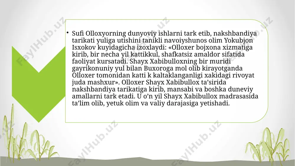 gan narsani keyin bilish maʼrifatdir. shuning uchun “maʼrifat” soʼziga oʼzakdosh orif sifatini ollohga nisbatan qoʼllab boʼlmaydi. chunki bexabarlikdan soʼng bilim hosil boʼlishi yaratuvchiga emas, yaratilganlarga xos sifatdir. qadim manbalarda, xususan mumtoz adabiyotimizda maʼrifat lafzi orqali haqni tanish tushunchasi ifodalangan. keyinchalik tilimizda “maʼrifat” soʼzining maʼno doirasi yanada kengaydi. аsl taqozo qiladigan sifatlar aslning oʼrnida isteʼmol qilina boshladi. masalan, “maʼrifatli kishi” degan soʼzdan endi bevosita haqni ongli ravishda anglash sifati tushunilmaydi. balki, “zamonamiz kishisining maʼrifati – koʼp maʼlumotlardan xabardorlik, rasmiy odob etiketlarini oʼzlashtirganlik bilan belgilanadi” degan qarash bugun meʼyorga aylangan. e’tiboringiz uchun rahmat. image4.png
